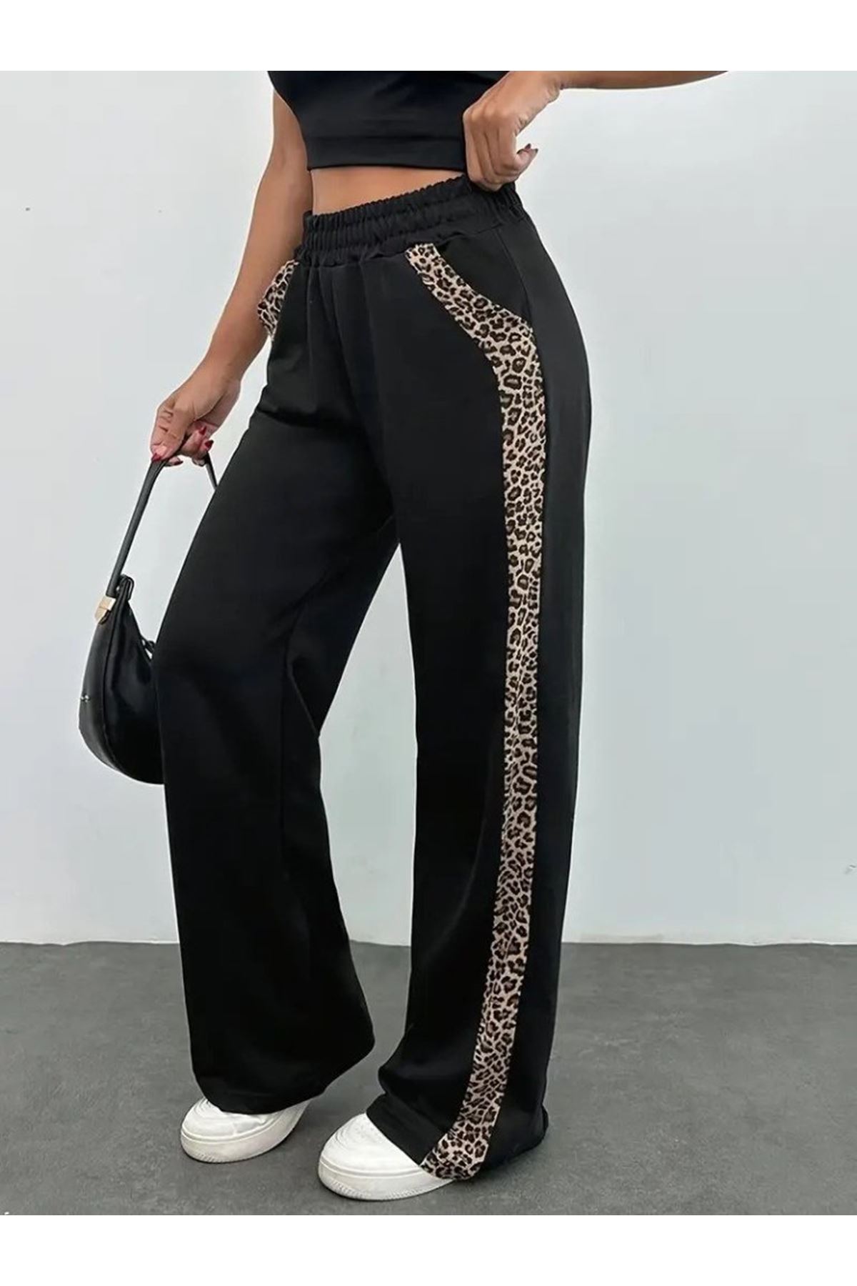 Kadın Yüksek Bel Bağcıklı Yanları Leopar Desenli Viskon Iki Iplik Pantolon