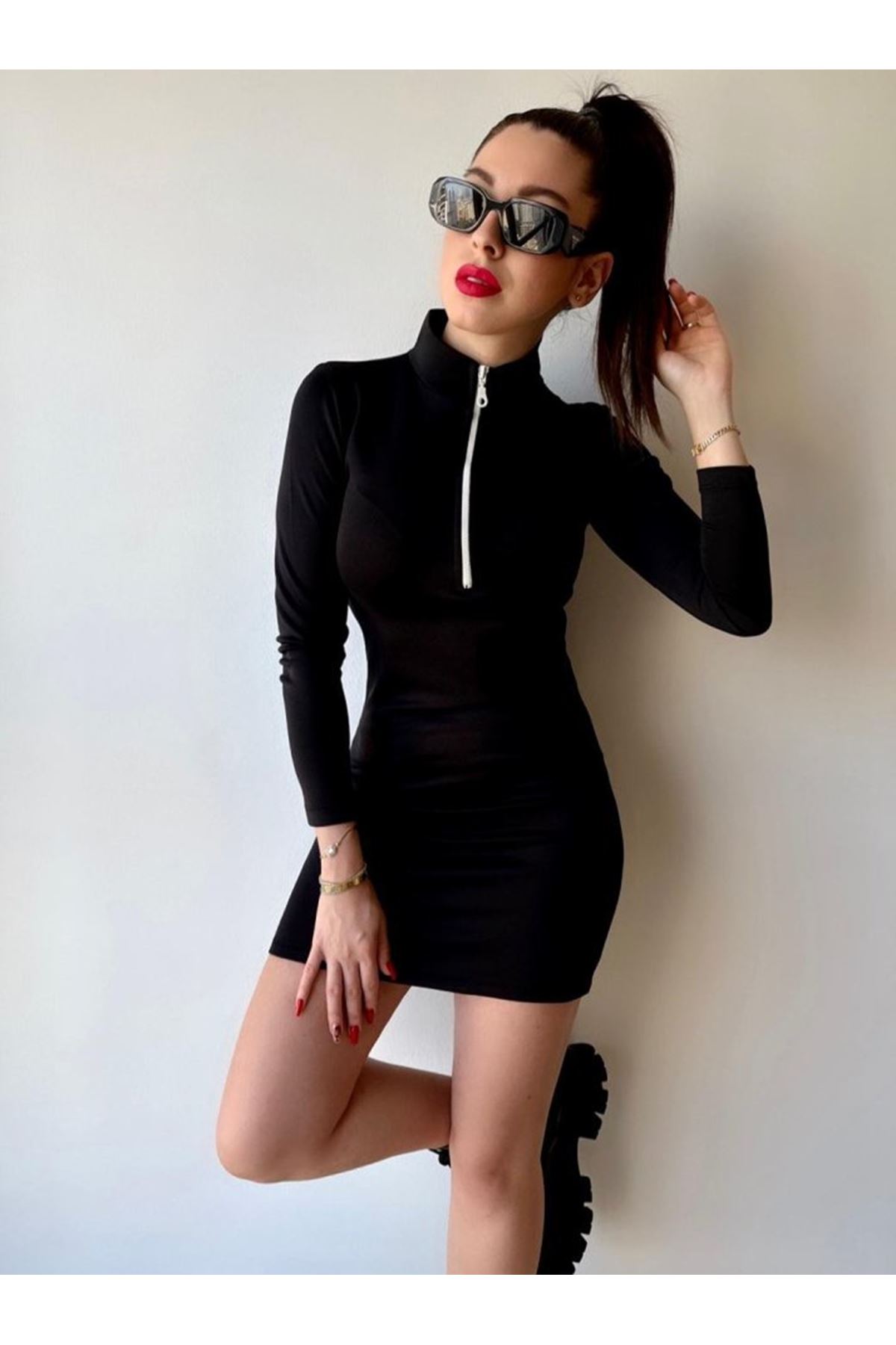 Kadın Balıkçı Yaka Fermuar Detay Mini Elbise