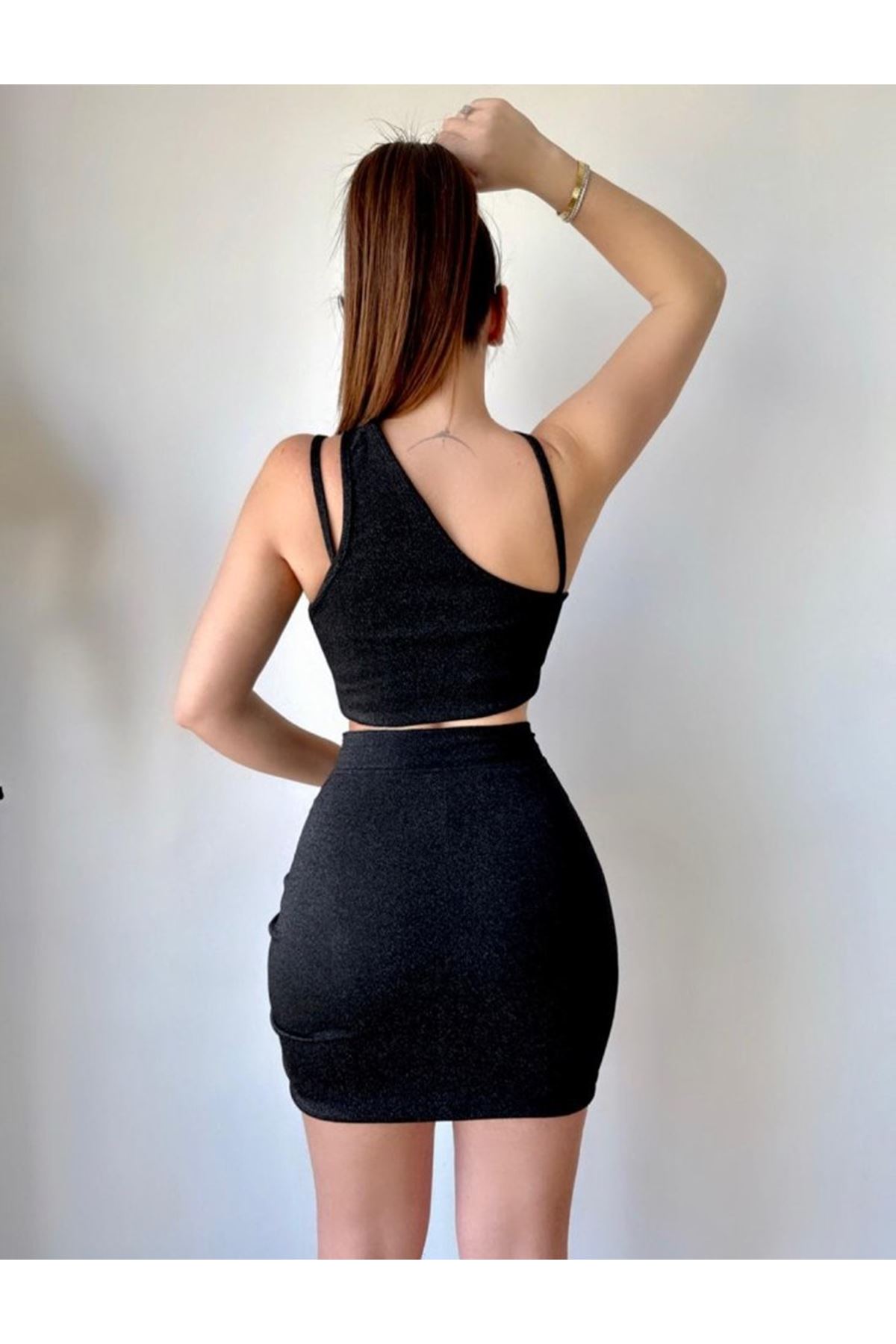 Kadın Asimetrik Yaka Detay Crop Ve Yüksek Bel Mini Etek Ikili Takim