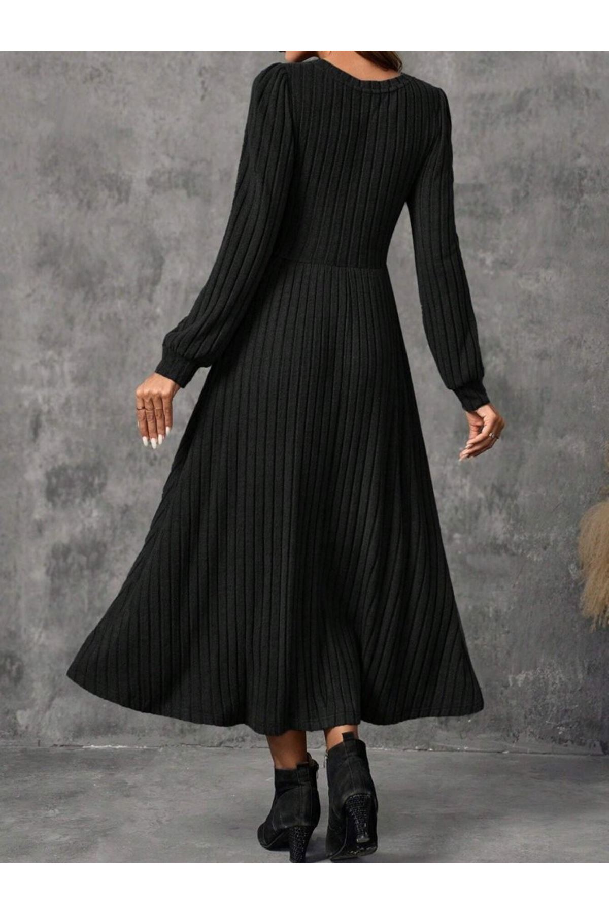 Kadın Uzun Kollu Yuvarlak Yakalı Kiloş Uzun şardonlu Kaşkorse Elbise