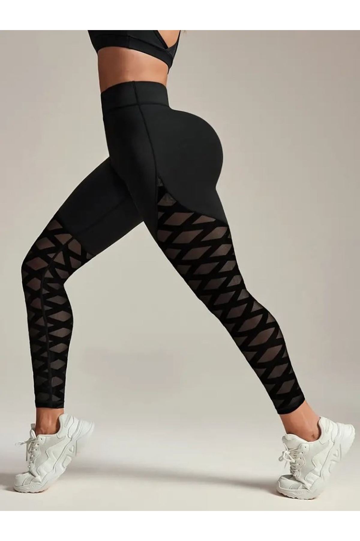 Kadın Yüksek Bel çapraz Desen Tül Detaylı Spor Dalgıç Tayt