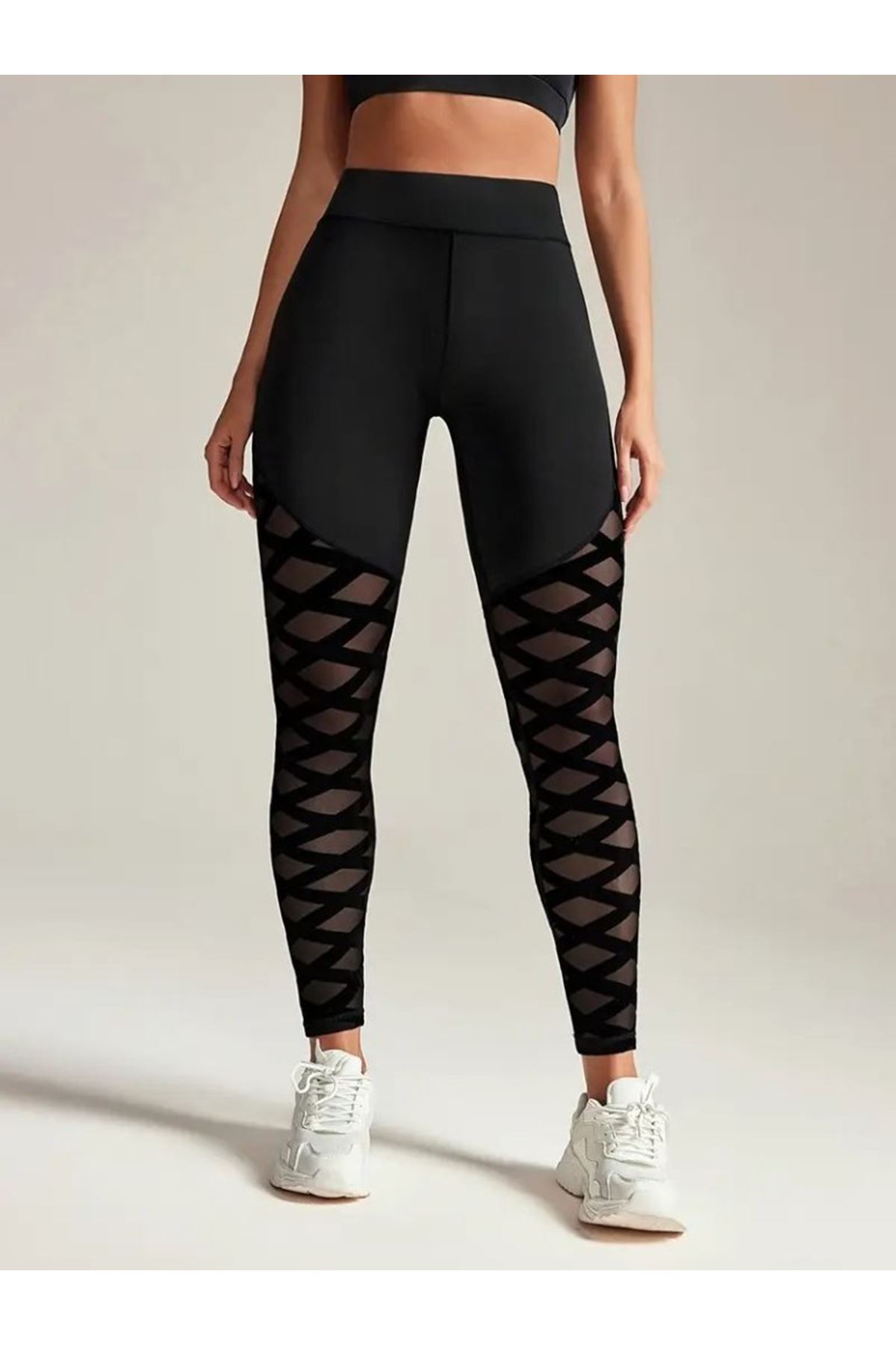 Kadın Yüksek Bel çapraz Desen Tül Detaylı Spor Dalgıç Tayt