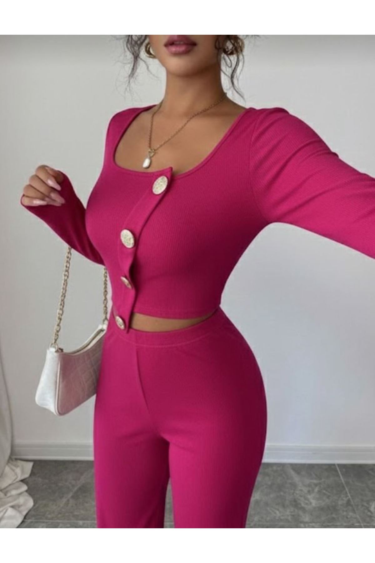 Kadın Uzun Kol Kare Yaka Asimetrik Düğme Detay Bluz Ve Yüksek Bel Pantolon Ikili Takım