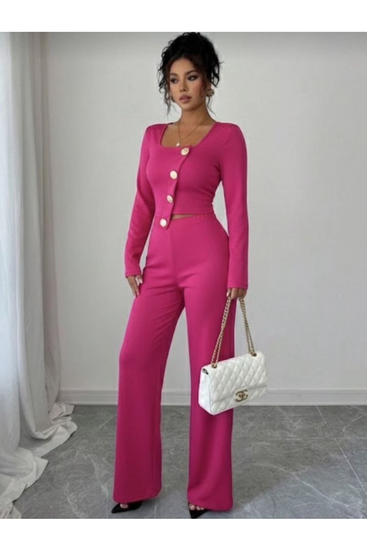 Kadın Uzun Kol Kare Yaka Asimetrik Düğme Detay Bluz Ve Yüksek Bel Pantolon Ikili Takım