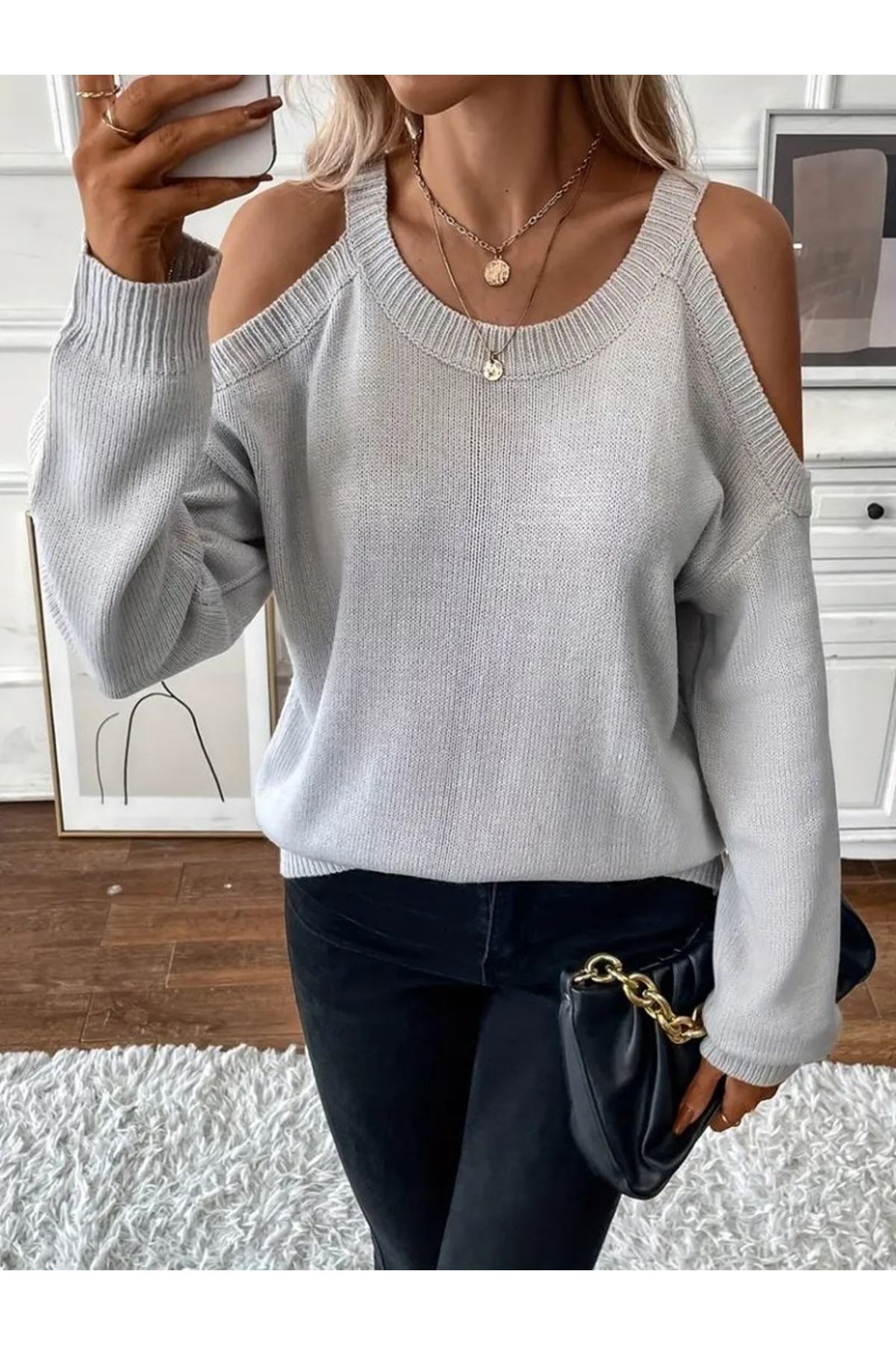 Kadın Uzun Kollu Omuzlardan Açık Askılı Triko Bluz