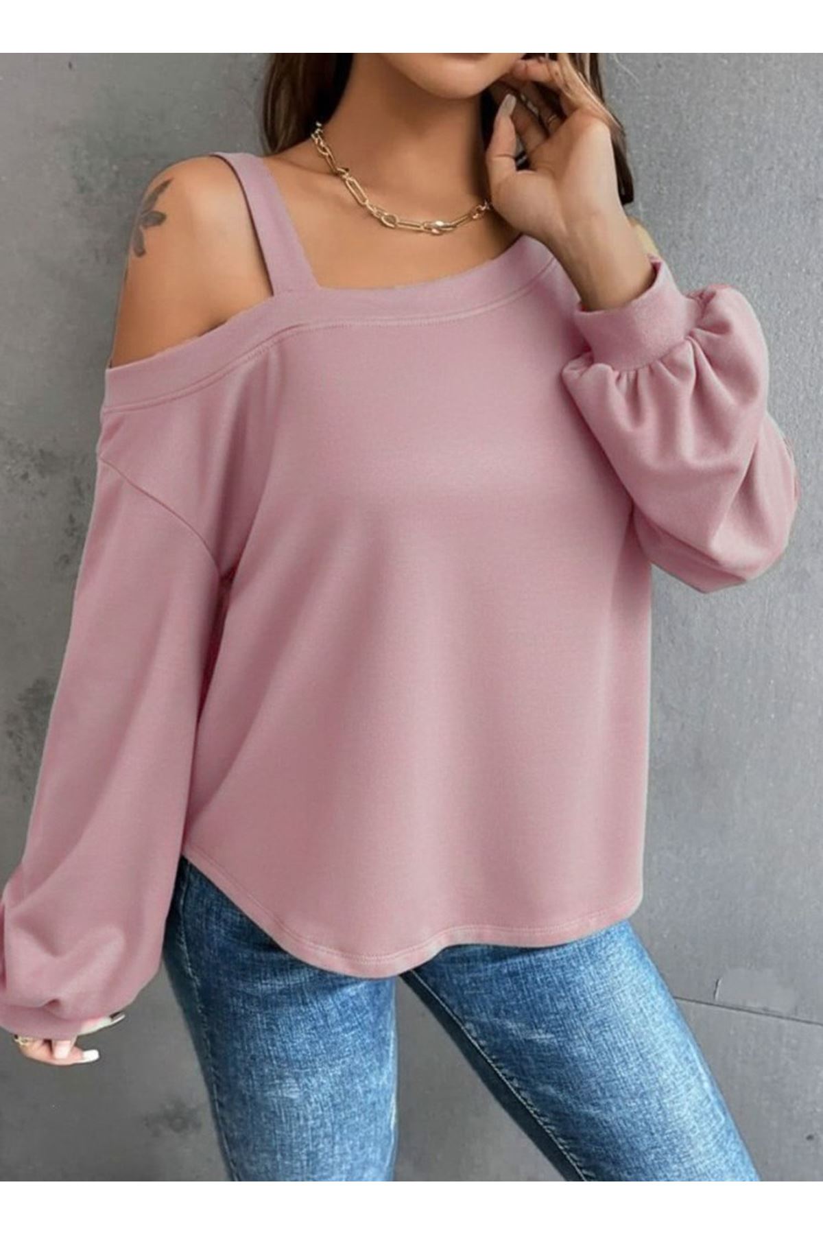 Kadın Uzun Kollu Tek Omuz Askı Detay Salaş Dalgıç Bluz