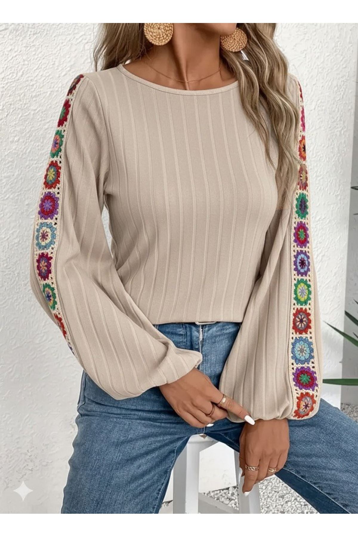 Kadın Uzun Kollu Kayık Yaka şardonlu Kaşkorse Bej Bluz