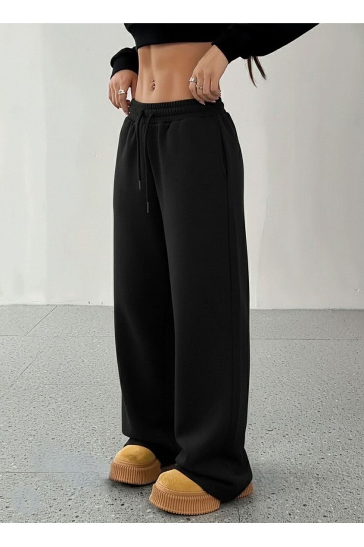 Kadın Yüksek Bel Lastikli Bağcıklı Geniş Kesim Dalgıç Pantolon