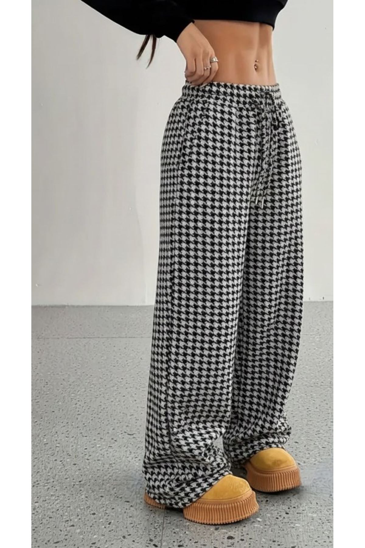 Kadın Yüksek Bel Lastikli Bağcıklı Geniş Kesim Kazayağı Dalgıç Pantolon