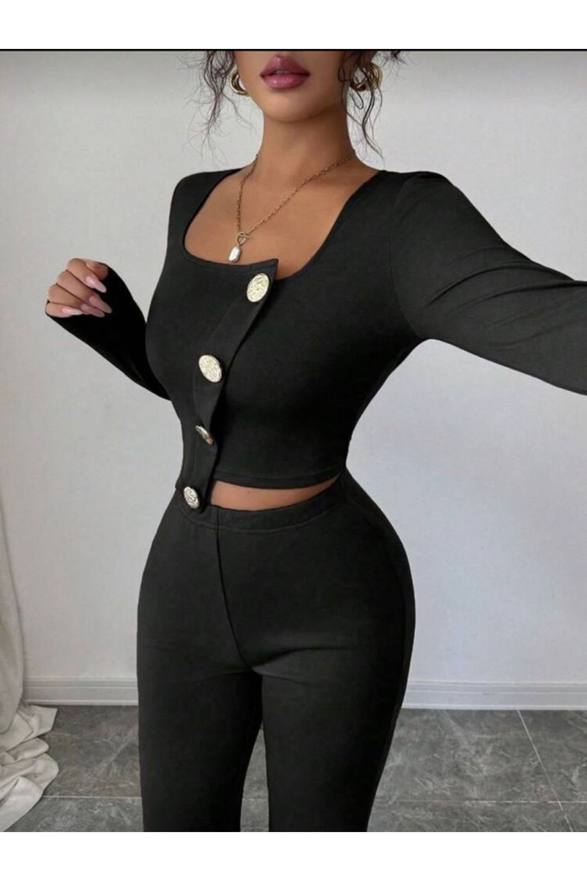 Kadın Uzun Kol Kare Yaka Asimetrik Düğme Detay Bluz Ve Yüksek Bel Pantolon Ikili Takım