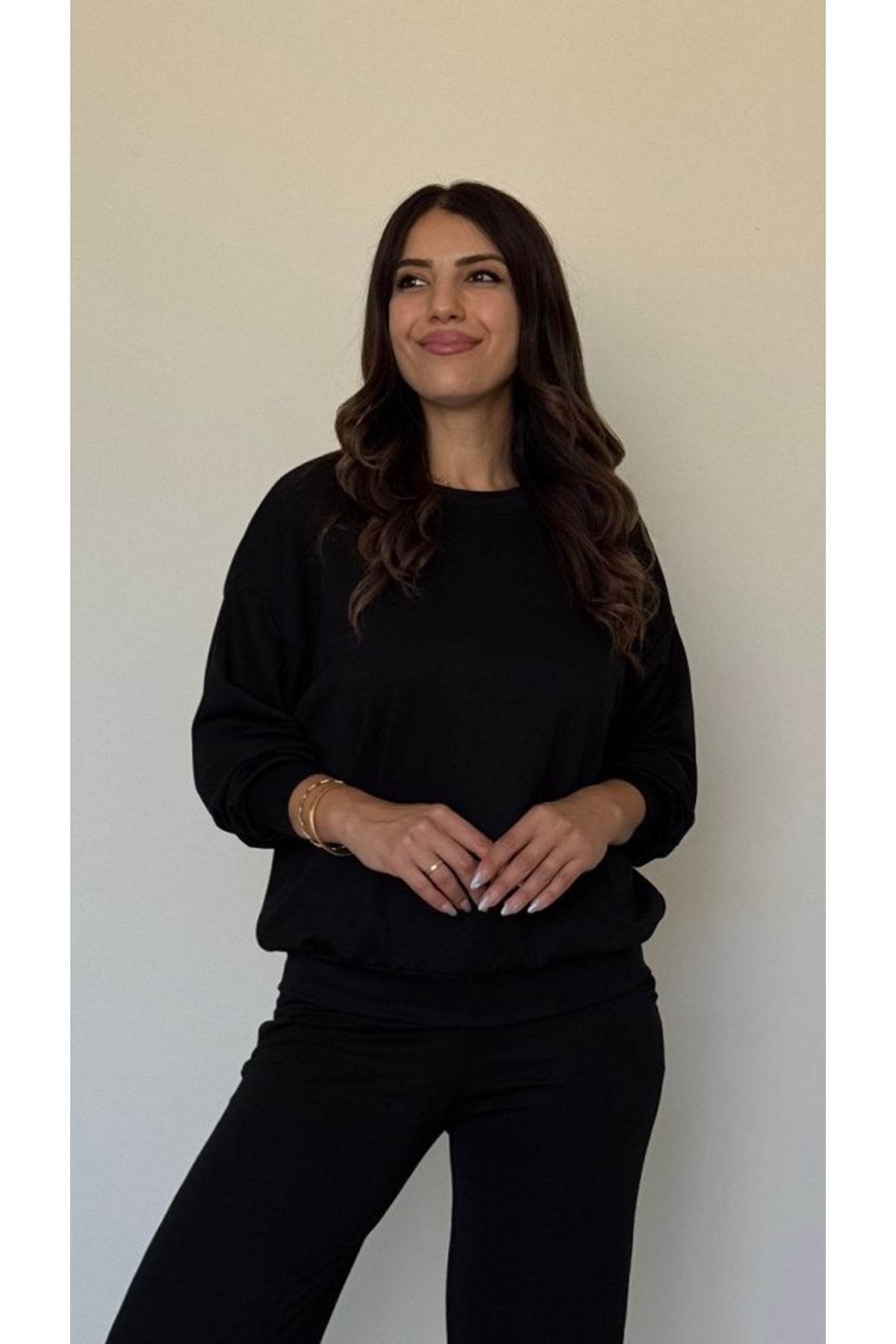 Kadın Uzun Kollu Bisiklet Yaka Viskon Iki Iplik Bluz Ve Pantolon Ikili Takım