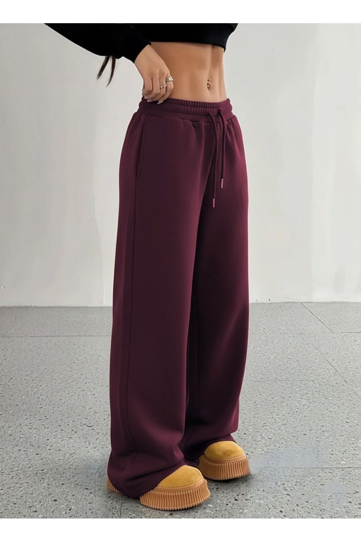 Kadın Yüksek Bel Lastikli Bağcıklı Geniş Kesim Dalgıç Mürdüm Pantolon