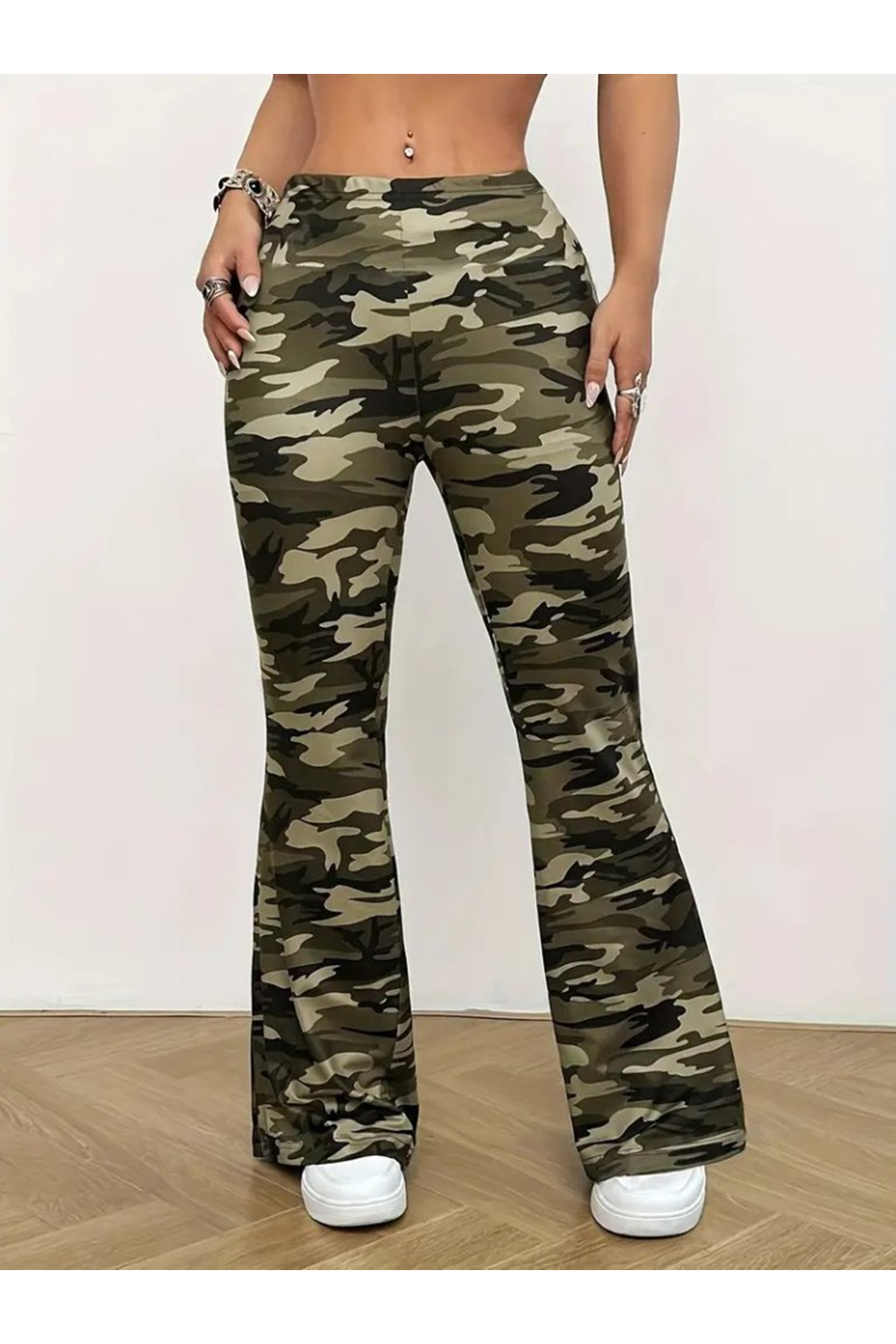 Kadın Yüksek Bel Kamuflaj Desenli Dalgıç Tayt
