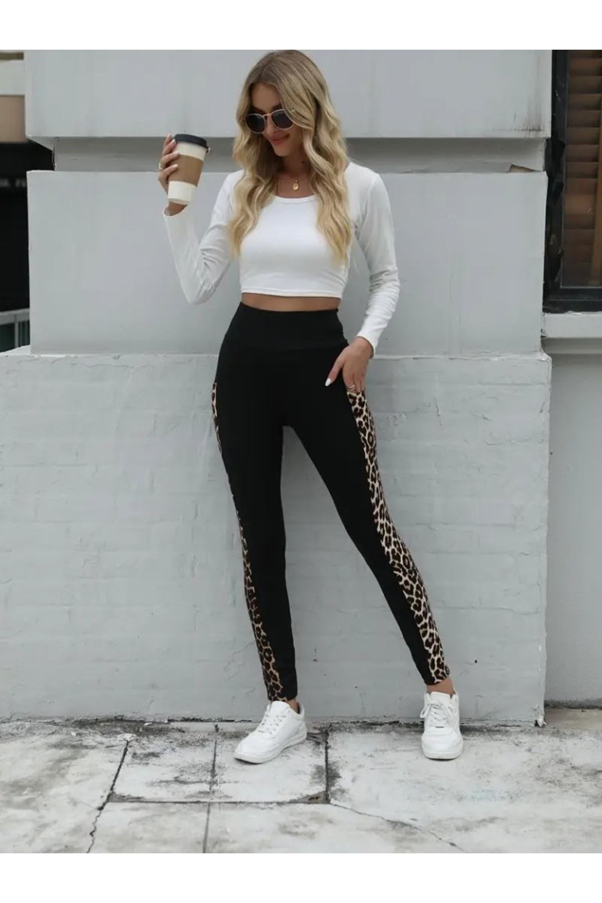 Kadın Yüksek Bel Cep Detaylı Leopar Desenli Dalgıç Tayt