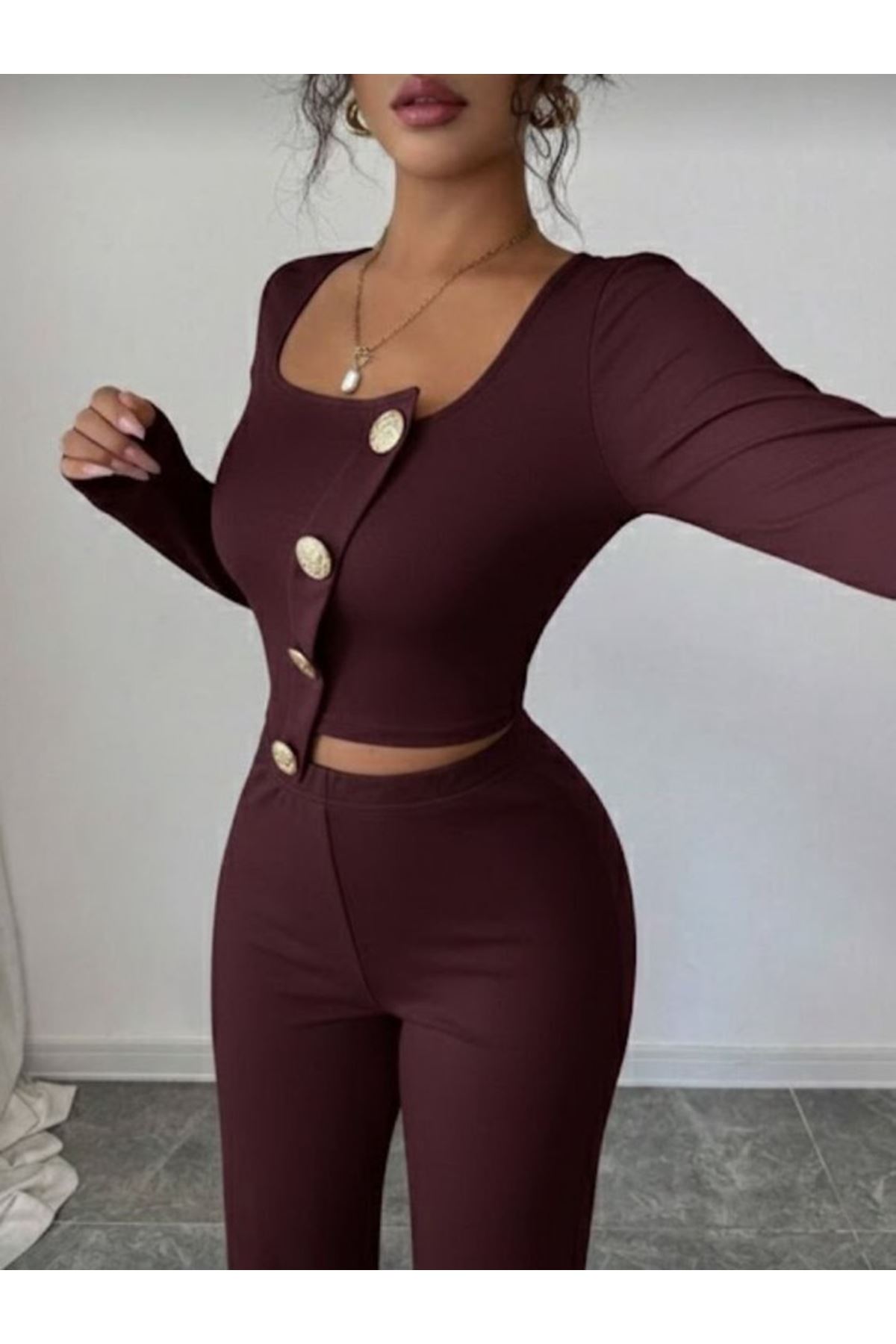 Kadın Uzun Kol Kare Yaka Asimetrik Düğme Detay Bluz Ve Yüksek Bel Pantolon Ikili Takım