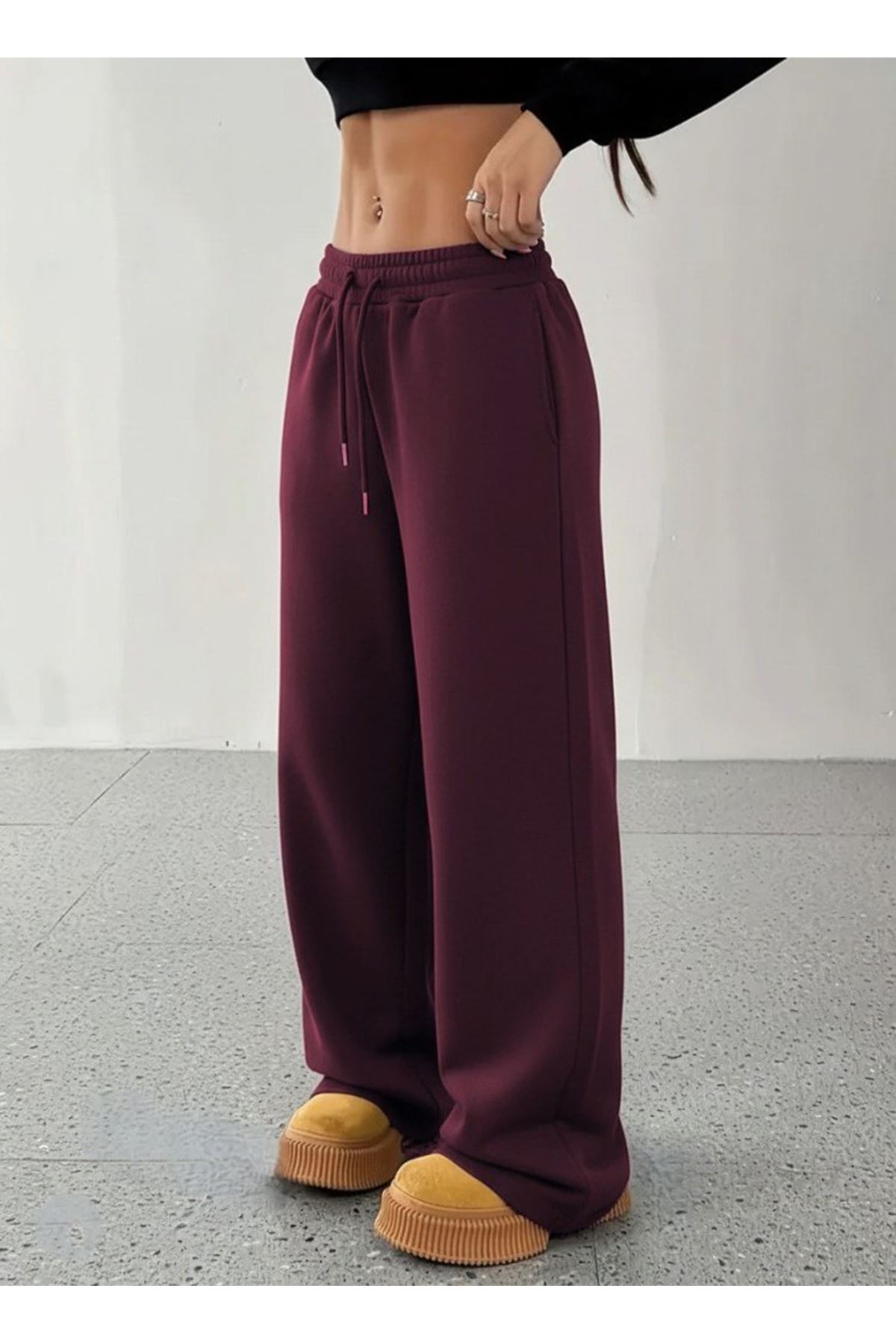 Kadın Yüksek Bel Lastikli Bağcıklı Geniş Kesim Dalgıç Mürdüm Pantolon