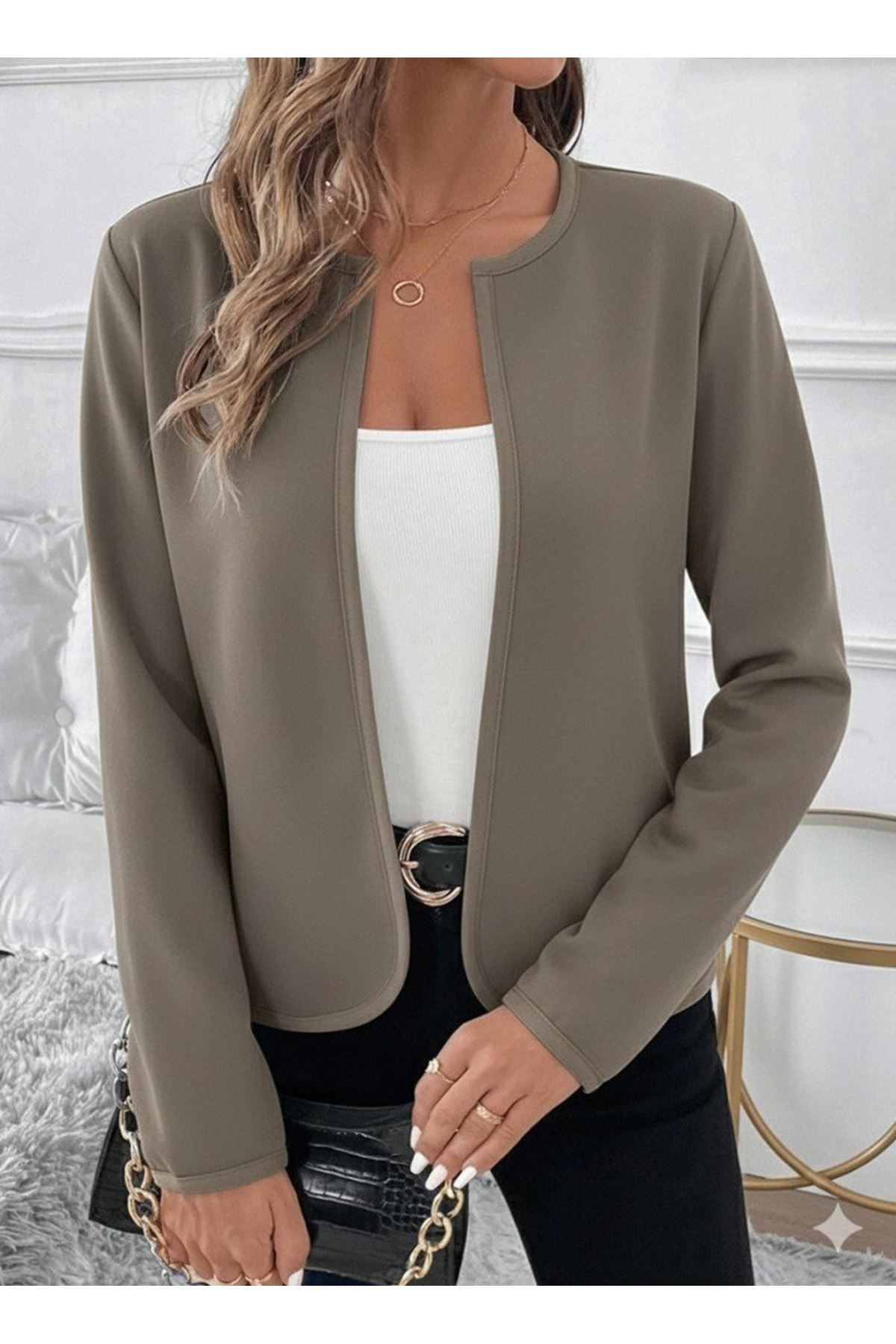 Kadın Uzun Kollu önü Açık Dalgıç Kısa Vizon Ceket