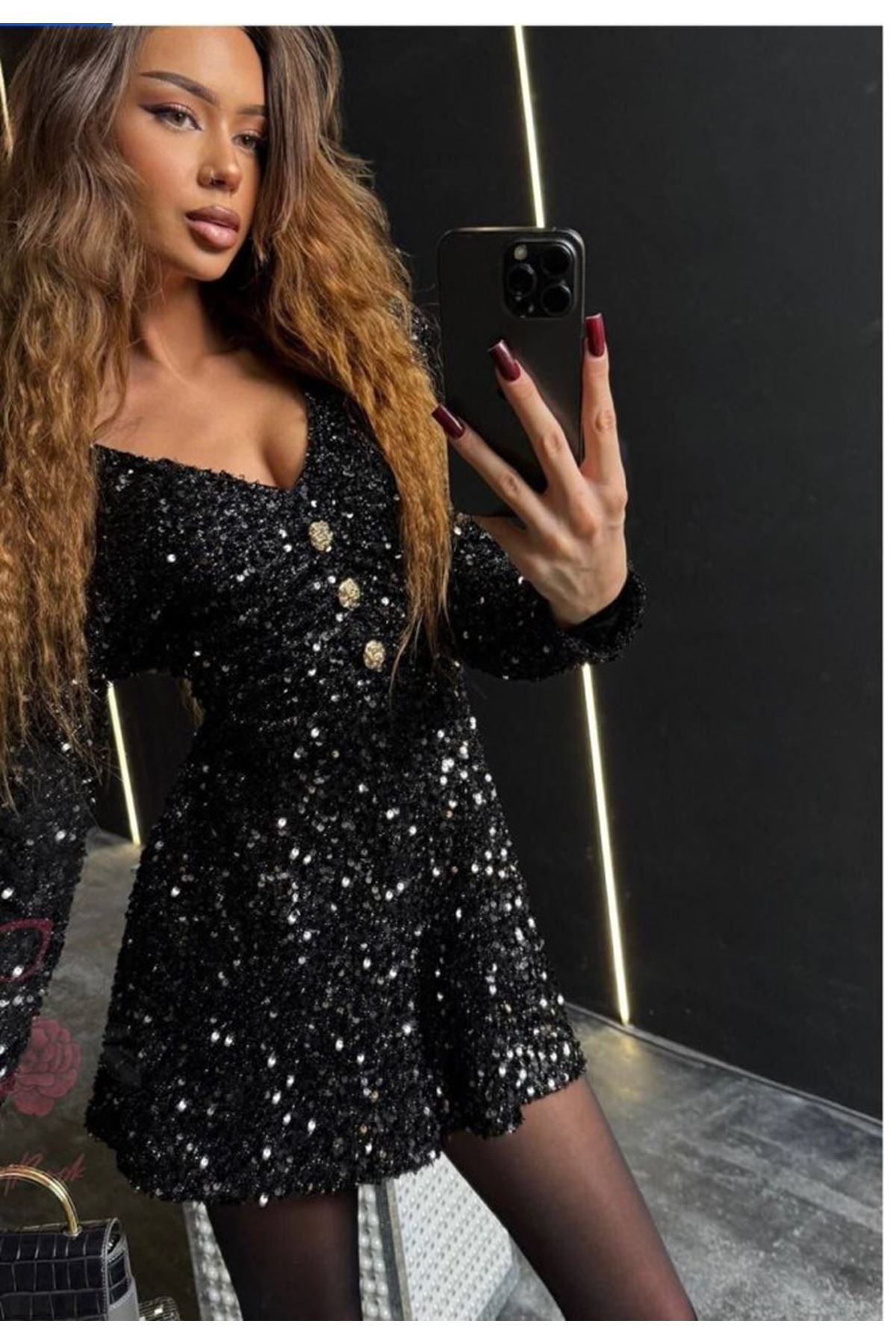 Kadın Uzun Kollu V Yaka Düğme Detay Ful Pul Payet Elbise