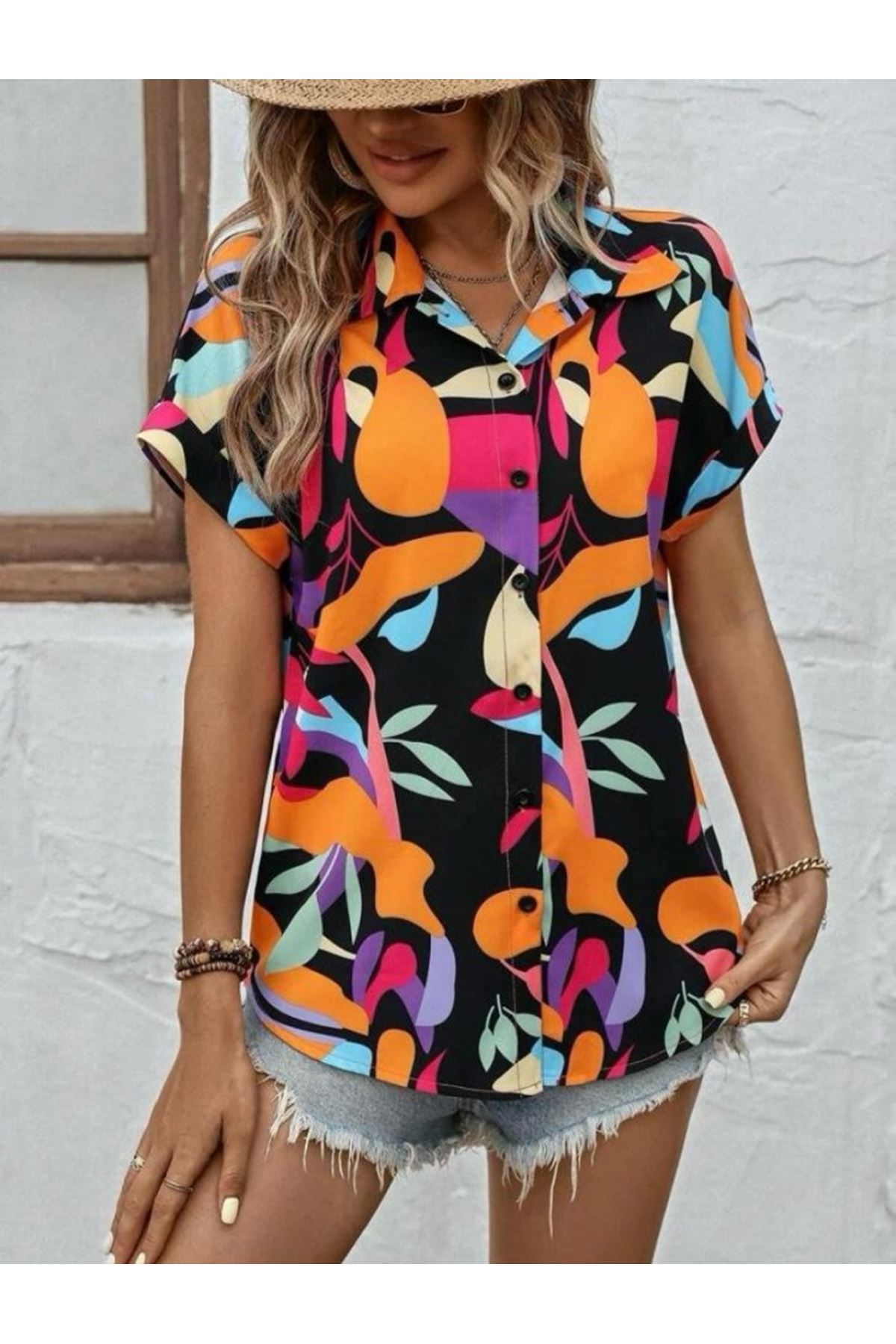 Kadın Moss Krep Kumaş Kısa Kol Çiçek Desenli Gömlek