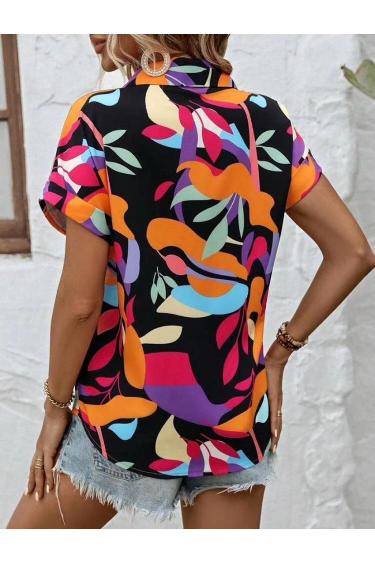 Kadın Moss Krep Kumaş Kısa Kol Çiçek Desenli Gömlek