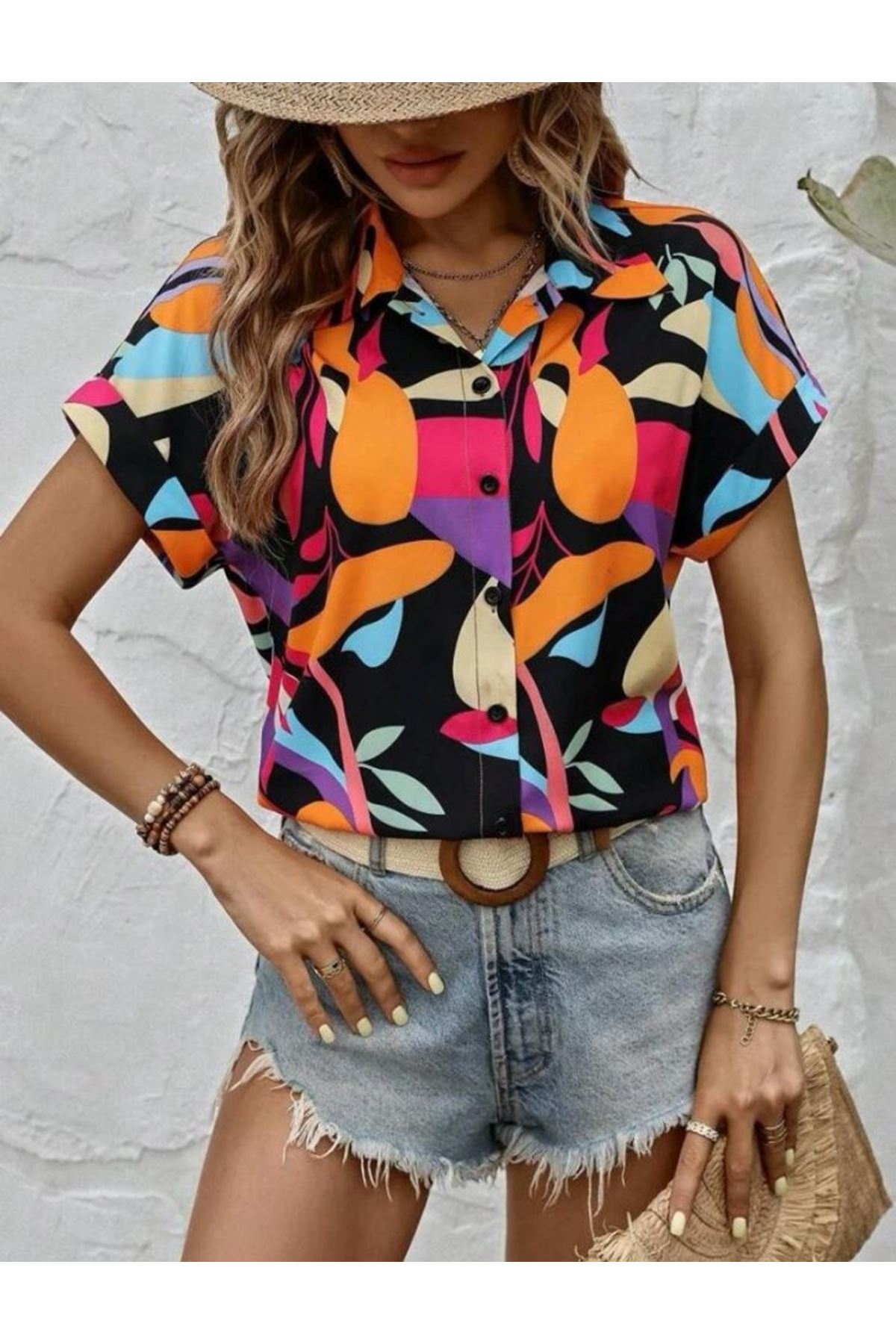 Kadın Moss Krep Kumaş Kısa Kol Çiçek Desenli Gömlek