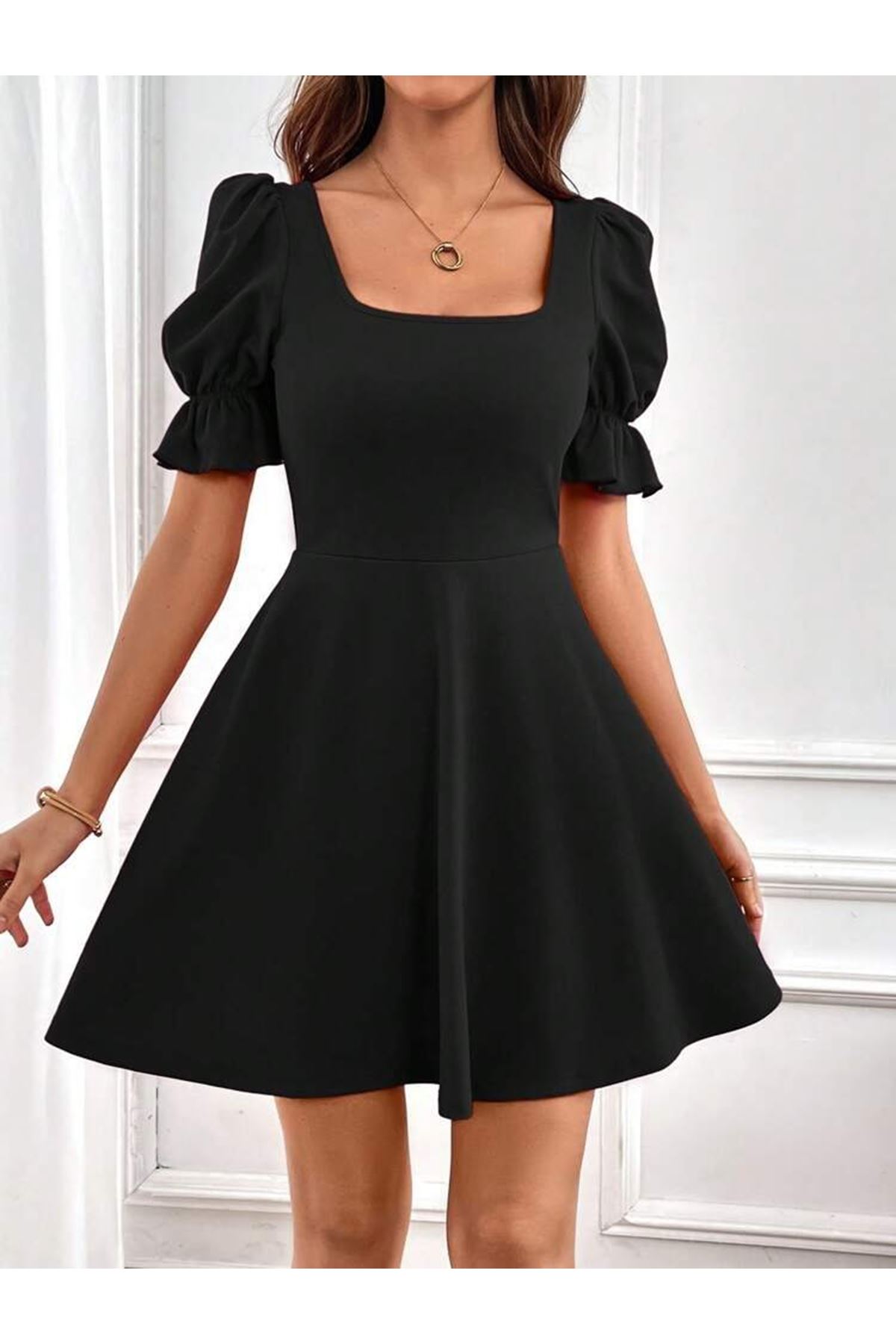 Kadın Kısa Kollu Kare Yakalı Kiloş Ithal Krep Elbise