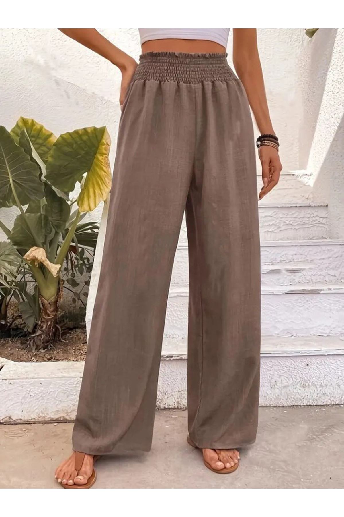 Kadın Yüksek Bel Lastikli Ithal Krep Pantolon