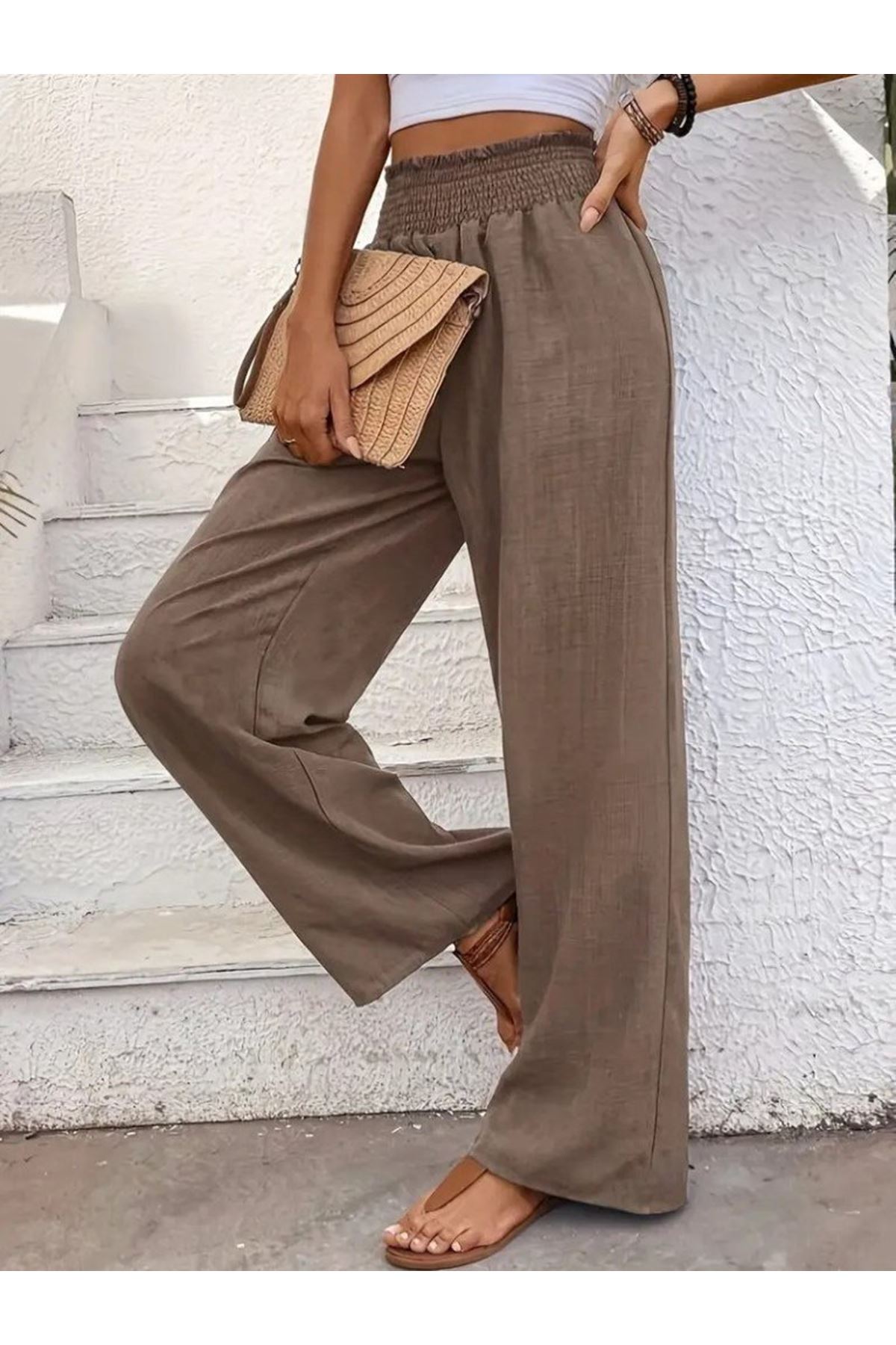 Kadın Yüksek Bel Lastikli Ithal Krep Pantolon