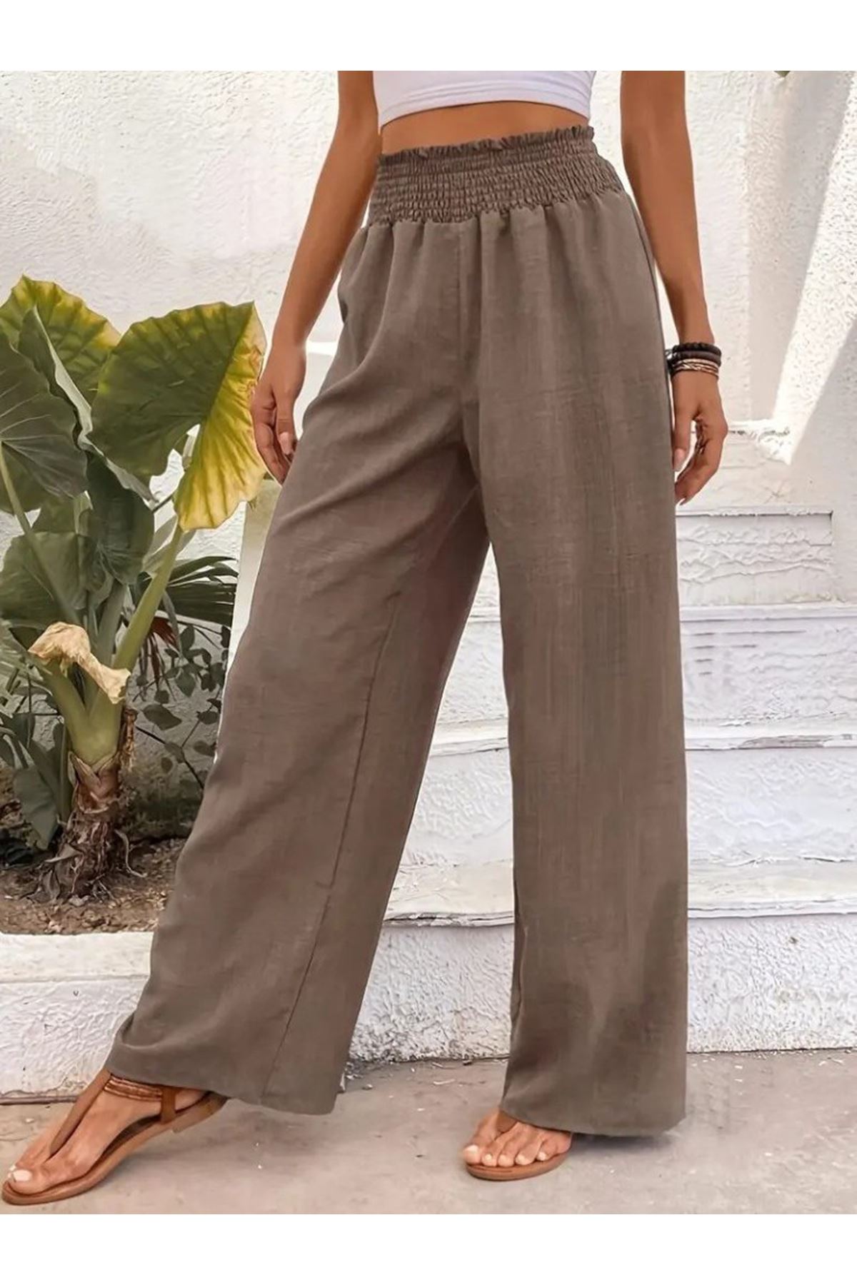 Kadın Yüksek Bel Lastikli Ithal Krep Pantolon