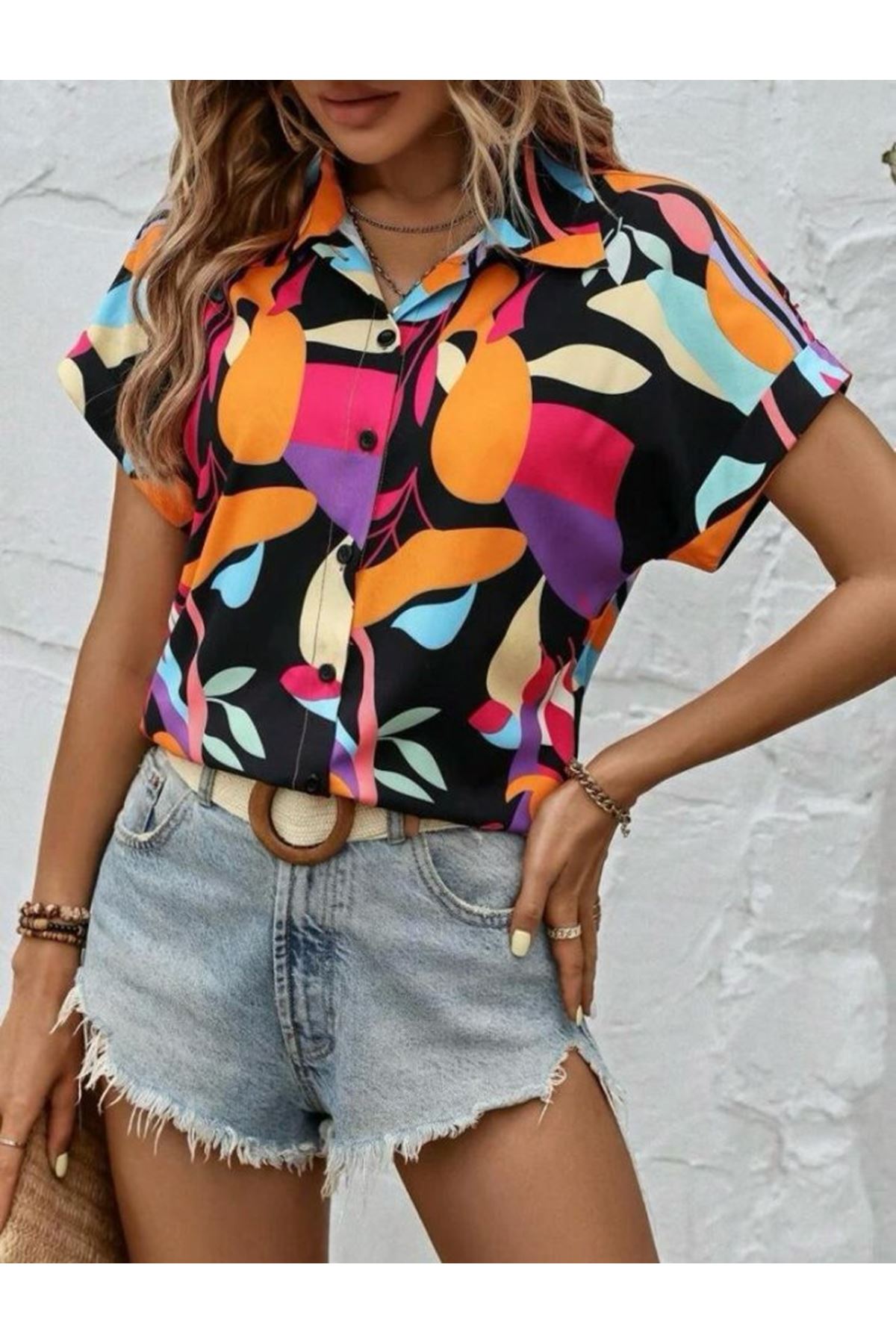 Kadın Moss Krep Kumaş Kısa Kol Çiçek Desenli Gömlek