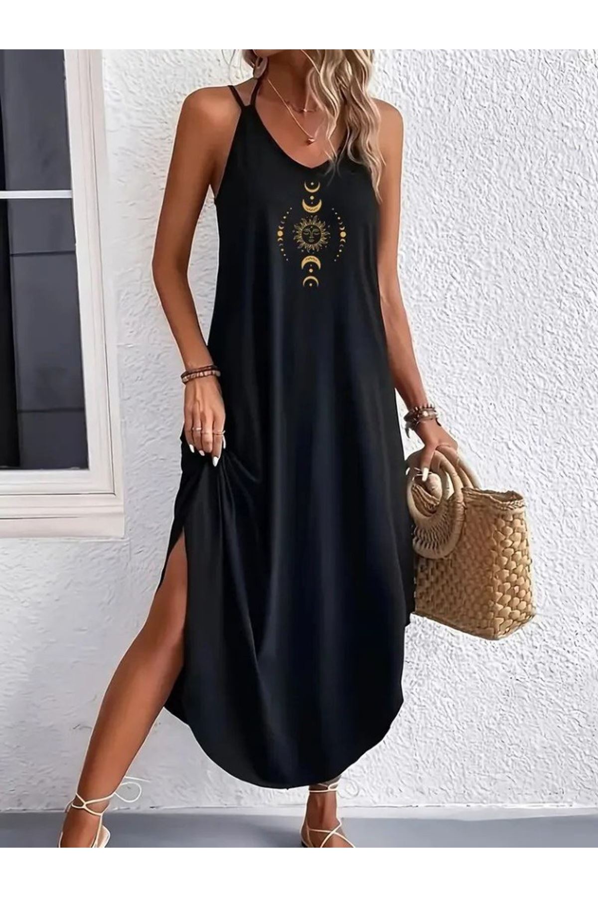 Kadın Askılı V Yakalı Desenli Uzun Viskon Elbise