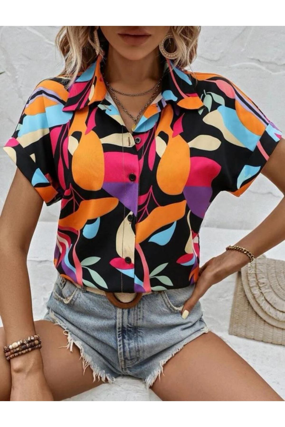 Kadın Moss Krep Kumaş Kısa Kol Çiçek Desenli Gömlek