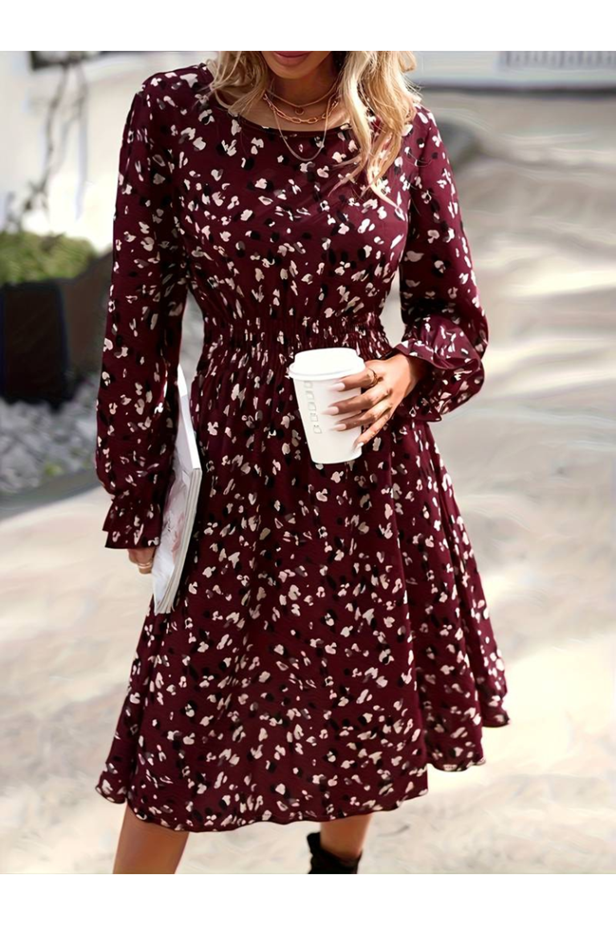 Kadın Uzun Kollu Bisiklet Yaka Beli Lastikli Midi Süprem Elbise