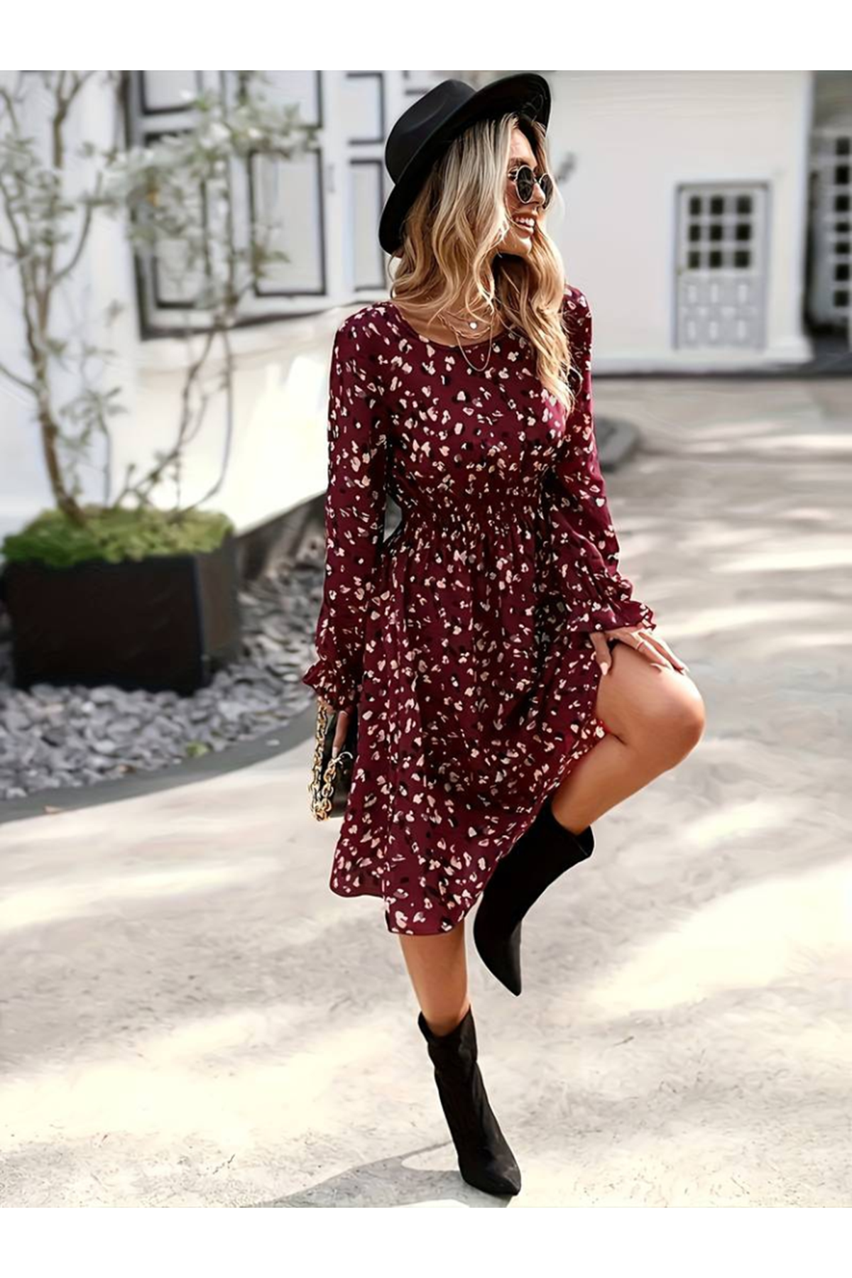 Kadın Uzun Kollu Bisiklet Yaka Beli Lastikli Midi Süprem Elbise