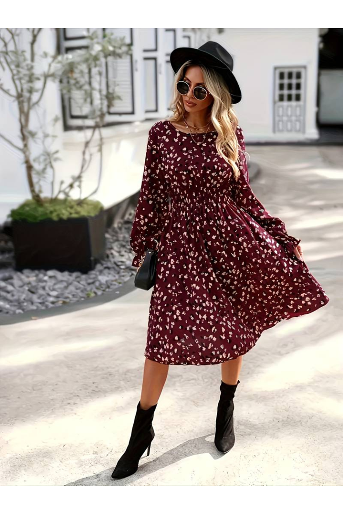 Kadın Uzun Kollu Bisiklet Yaka Beli Lastikli Midi Süprem Elbise