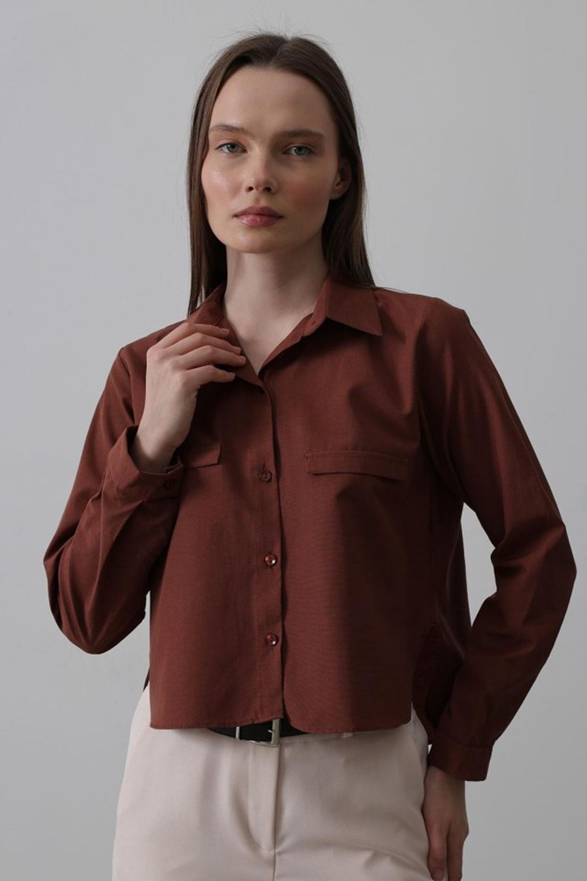 Cepli Uzun Kol Gömlek - Koyu Kahve