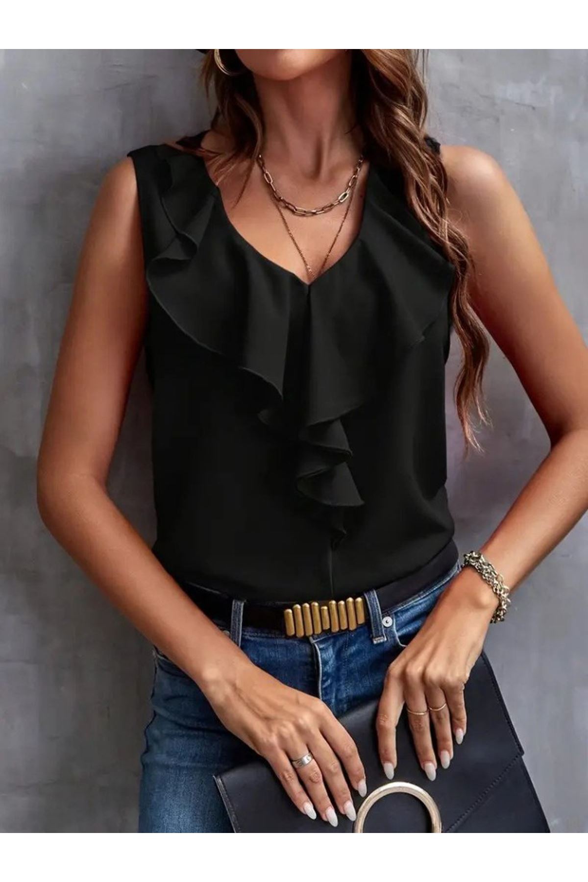 Kadın Sıfır Kollu V Yakalı Volanlı Ithal Krep Bluz