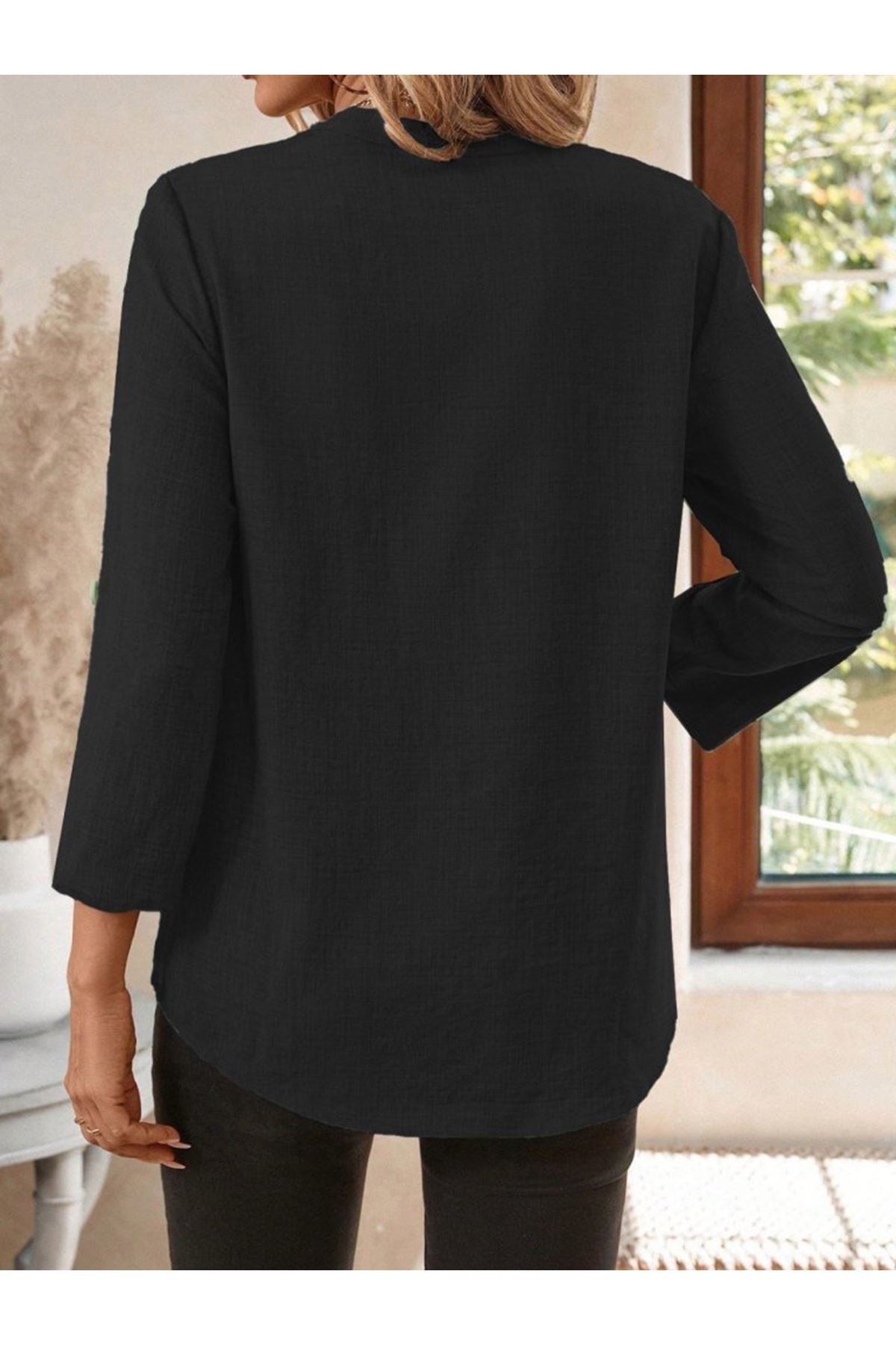 Kadın Truvakar Kol V Yakalı Keten Bluz