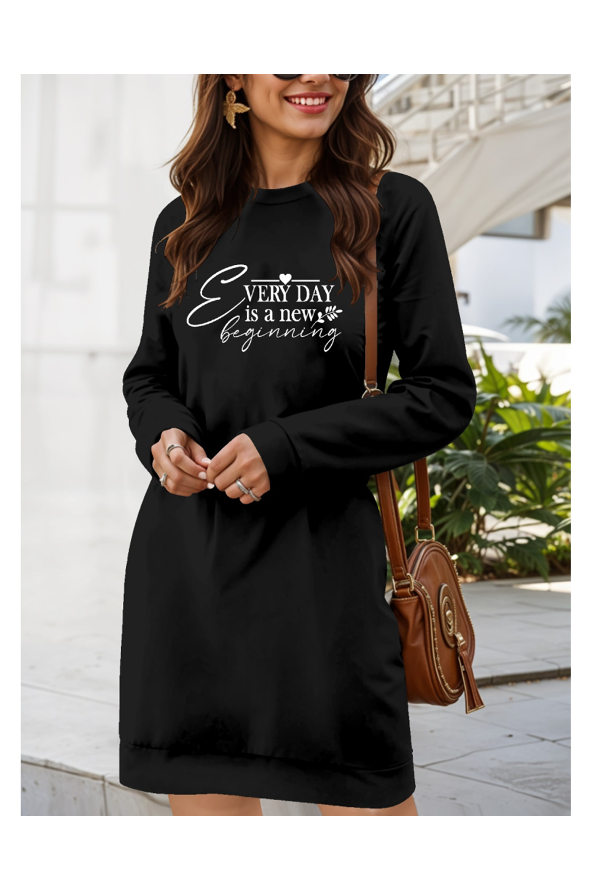 Kadın Uzun Kollu Bisiklet Yaka Kısa Viskon Iki Iplik Elbise