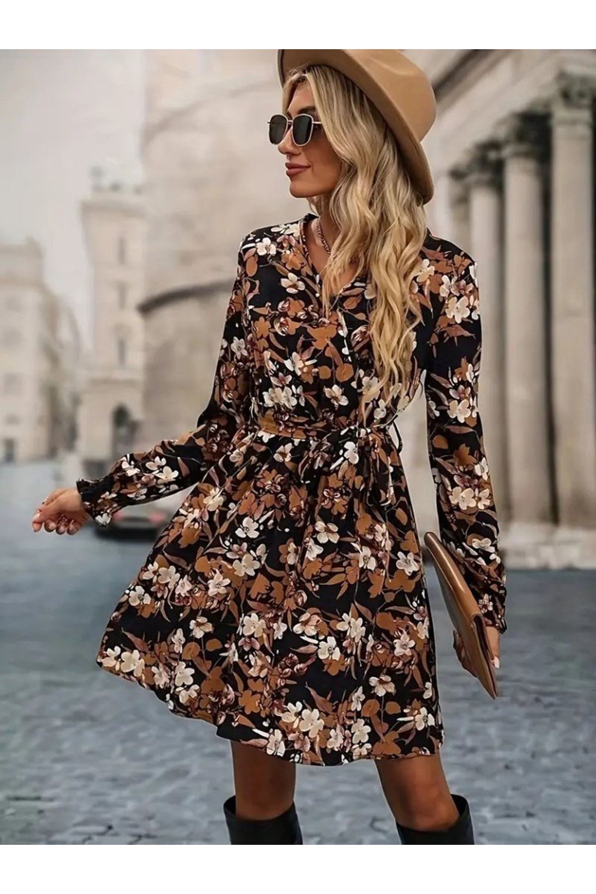 Kadın Uzun Kollu Kruvaze Yakalı Belden Kuşaklı çiçek Desenli Mikro Süprem Mini Elbise
