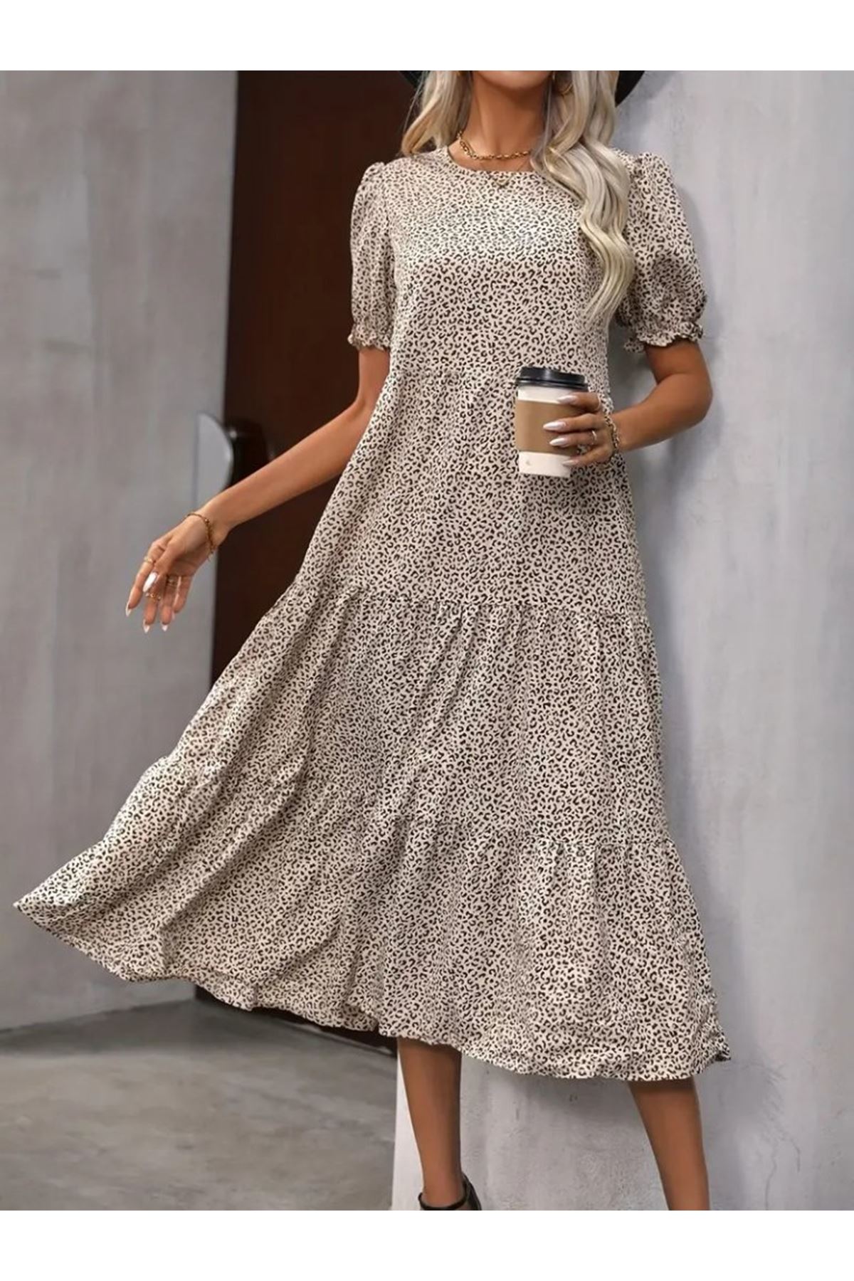 Kadın Mini Leopar Desen Midi üç Kat Elbise