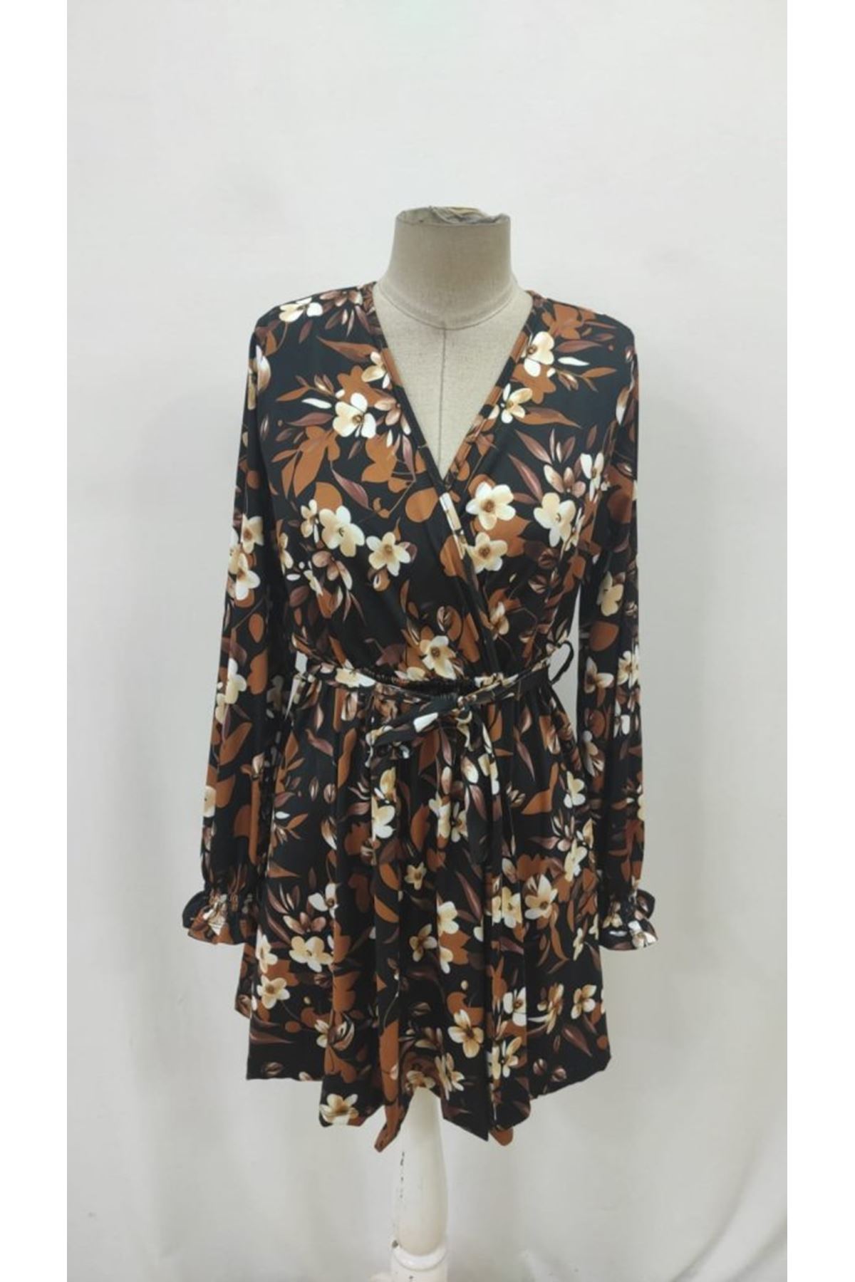 Kadın Uzun Kollu Kruvaze Yakalı Belden Kuşaklı çiçek Desenli Mikro Süprem Mini Elbise