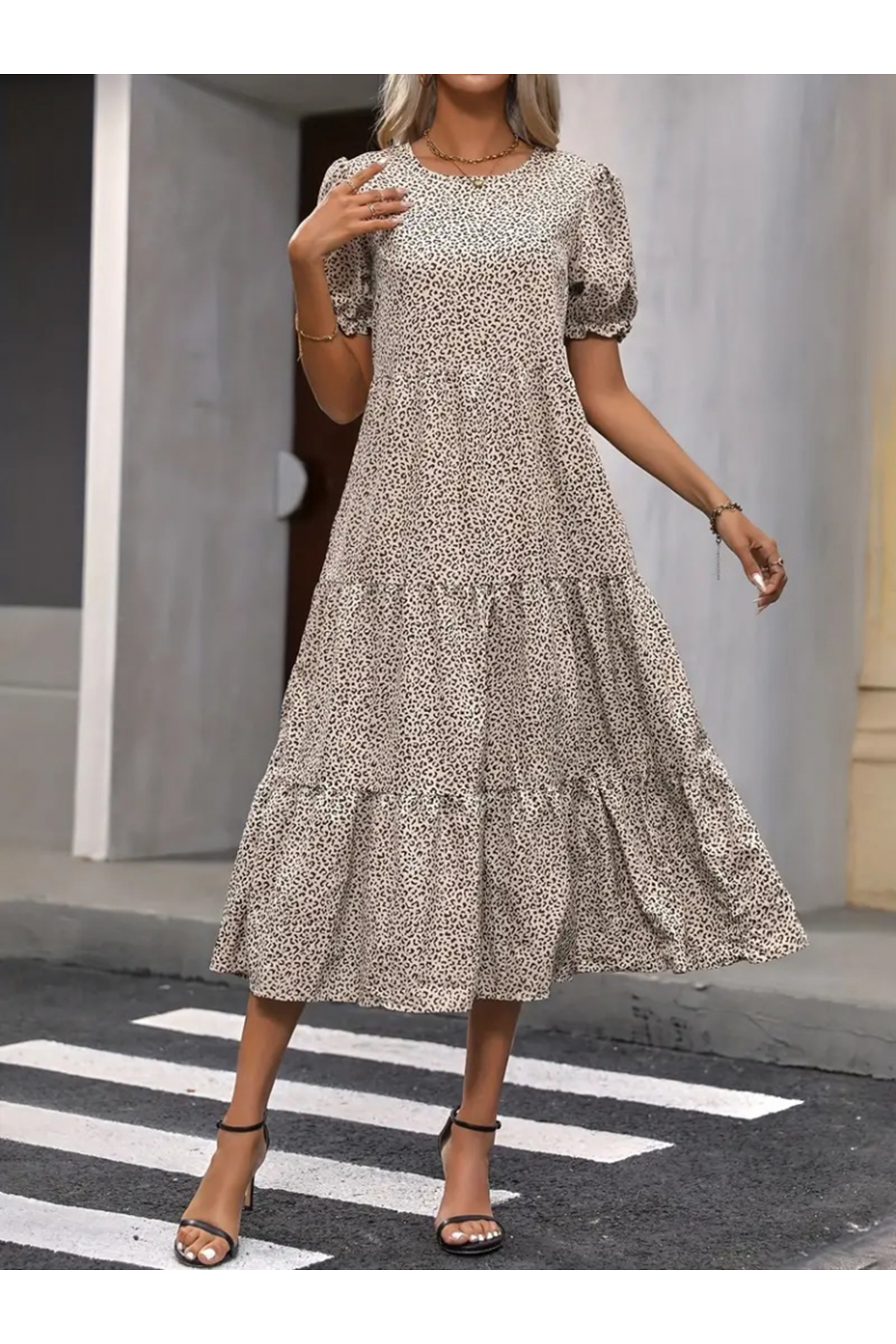 Kadın Mini Leopar Desen Midi üç Kat Elbise