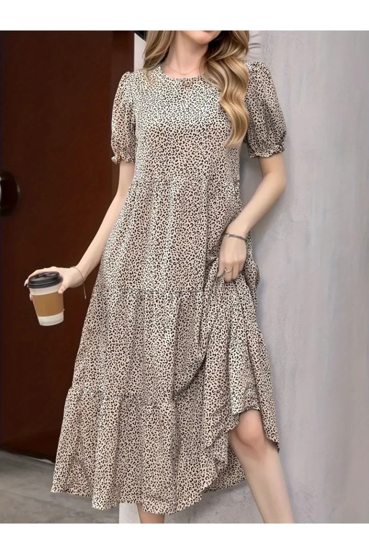 Kadın Mini Leopar Desen Midi üç Kat Elbise