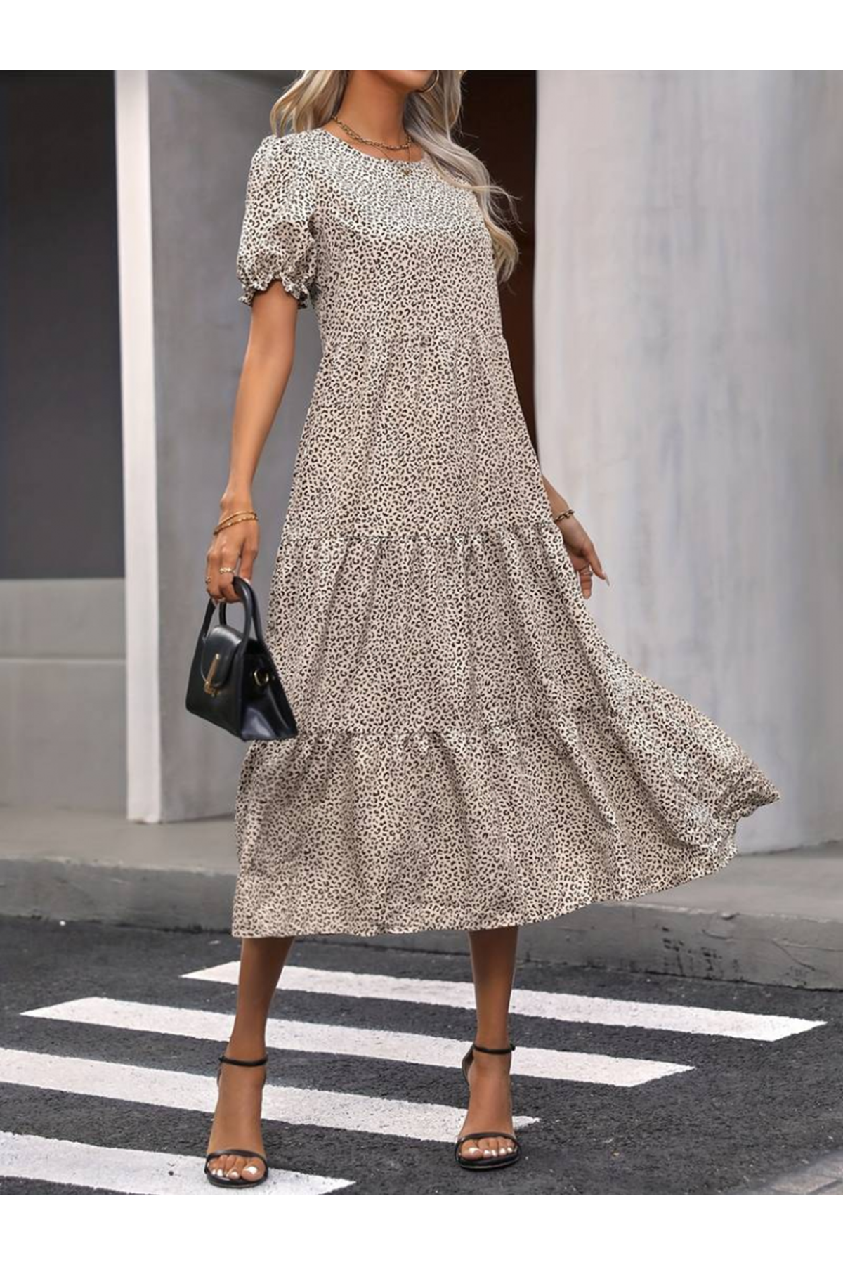 Kadın Mini Leopar Desen Midi üç Kat Elbise