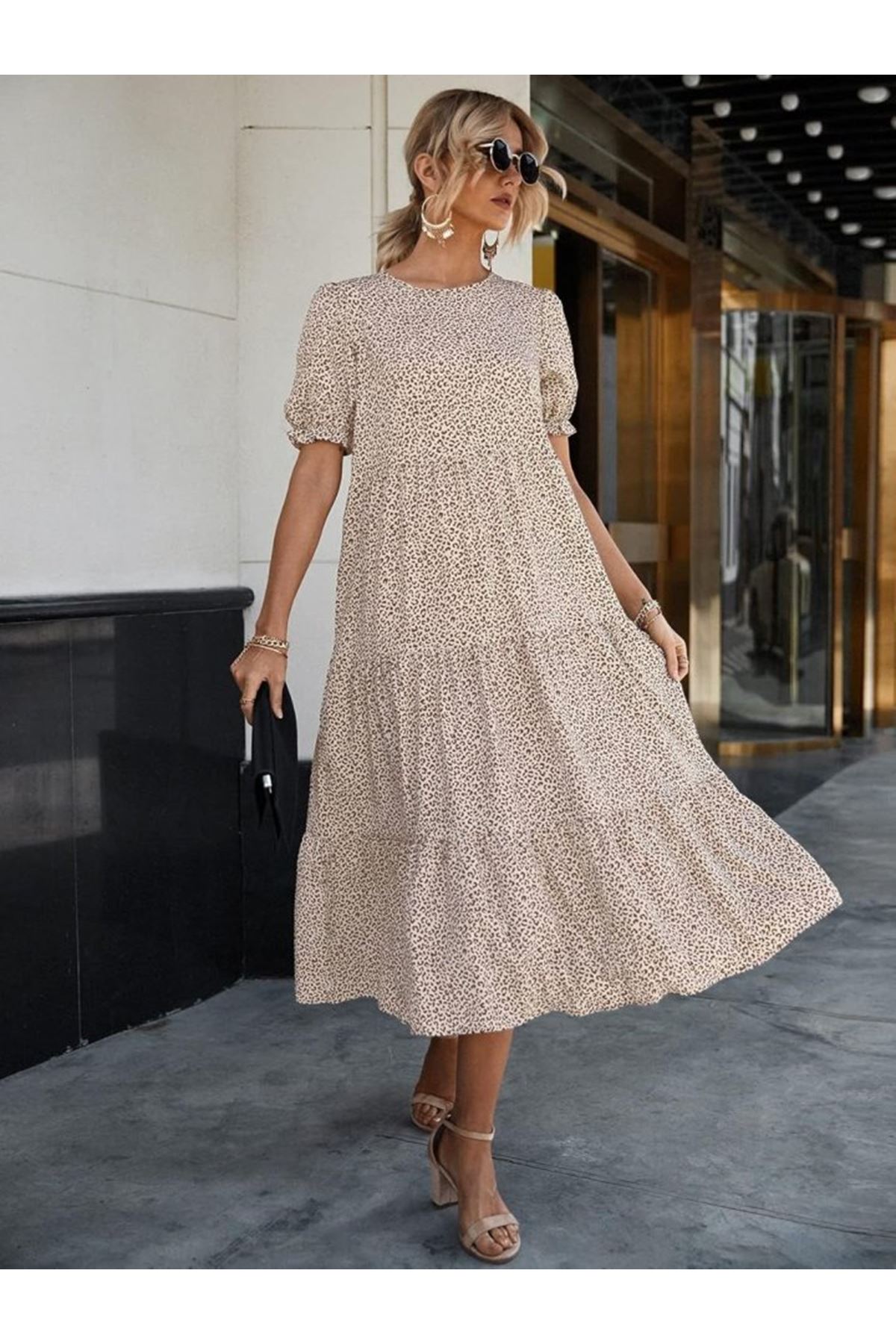 Kadın Mini Leopar Desen Midi üç Kat Elbise