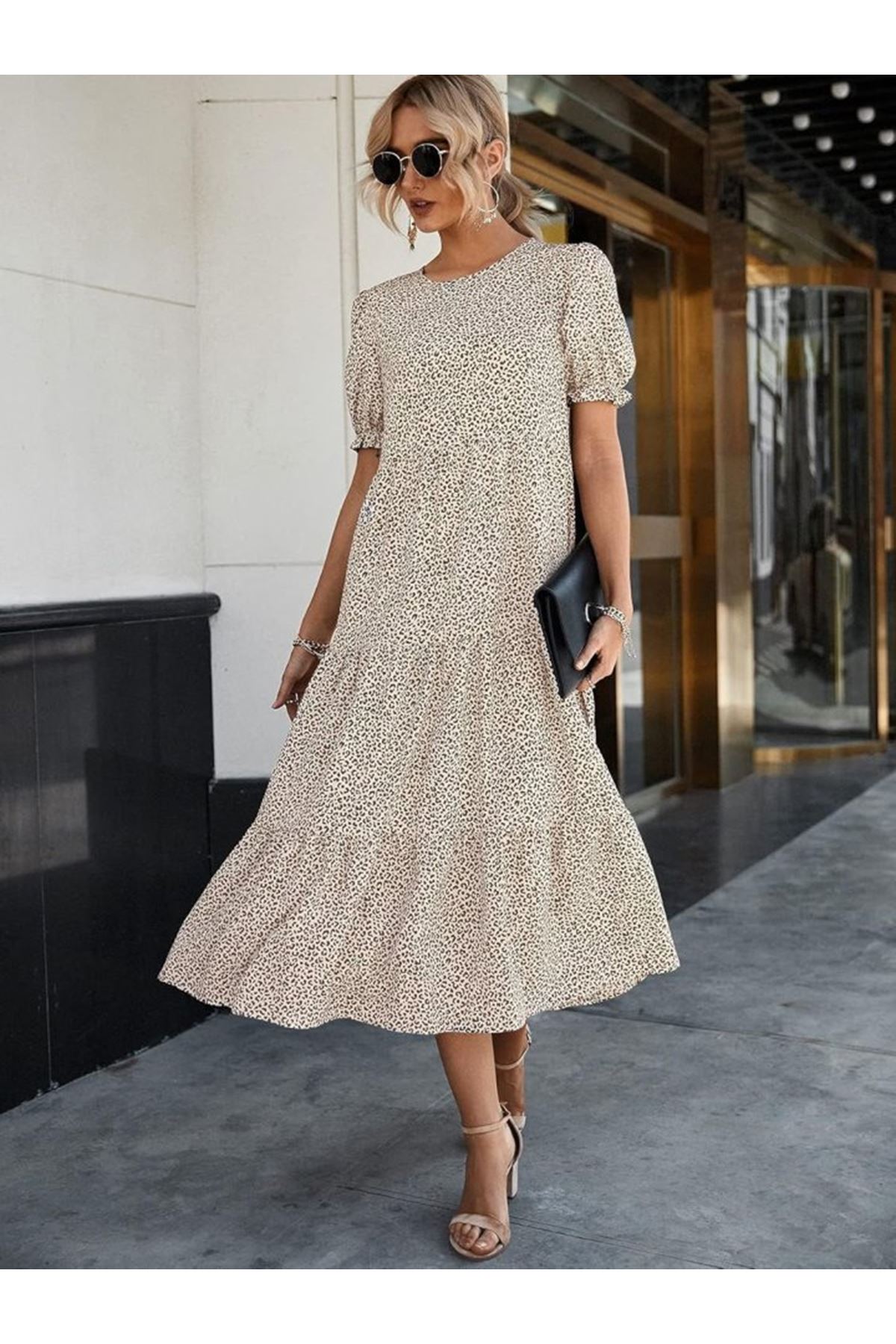 Kadın Mini Leopar Desen Midi üç Kat Elbise