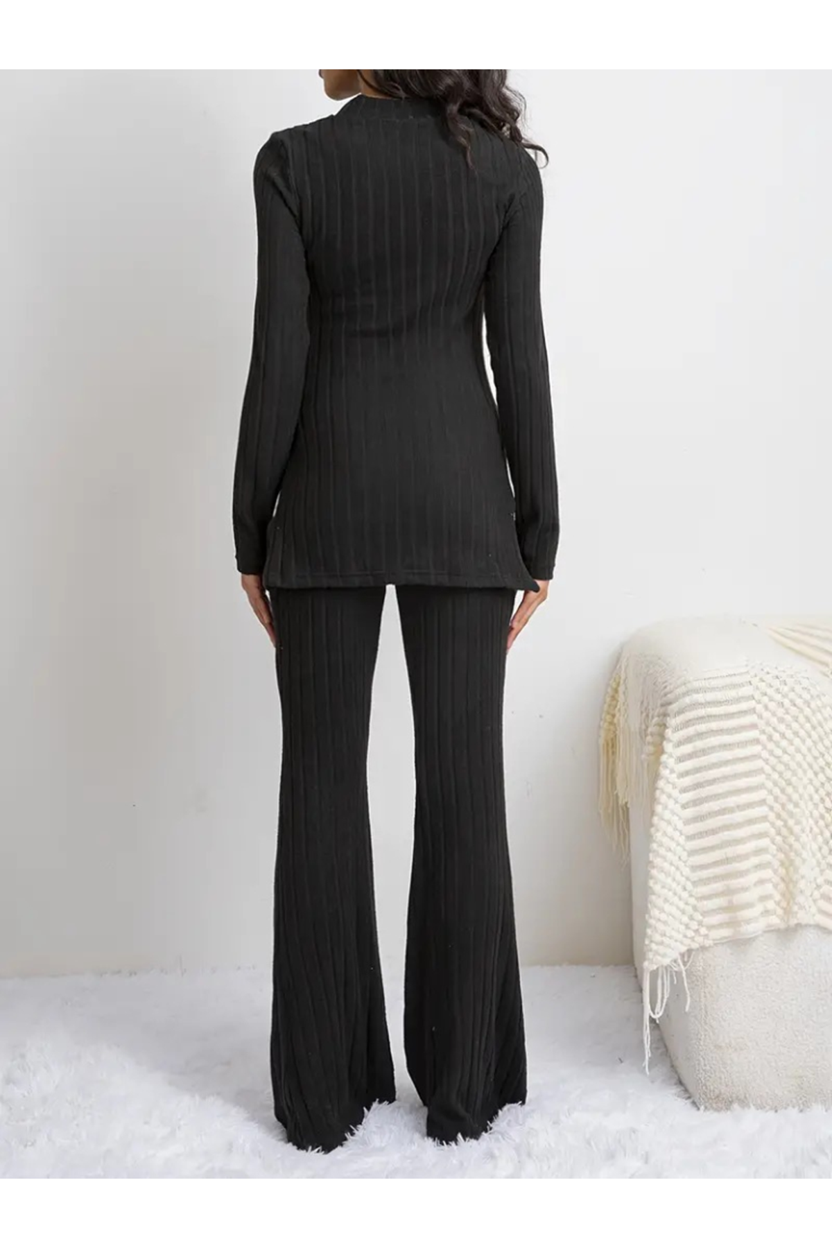 Kadın Uzun Kollu Yuvarlak Yaka Yandan Yırtmaç Detaylı şardonlu Kaşkorse Bluz Ve Pantolon Ikili Takım