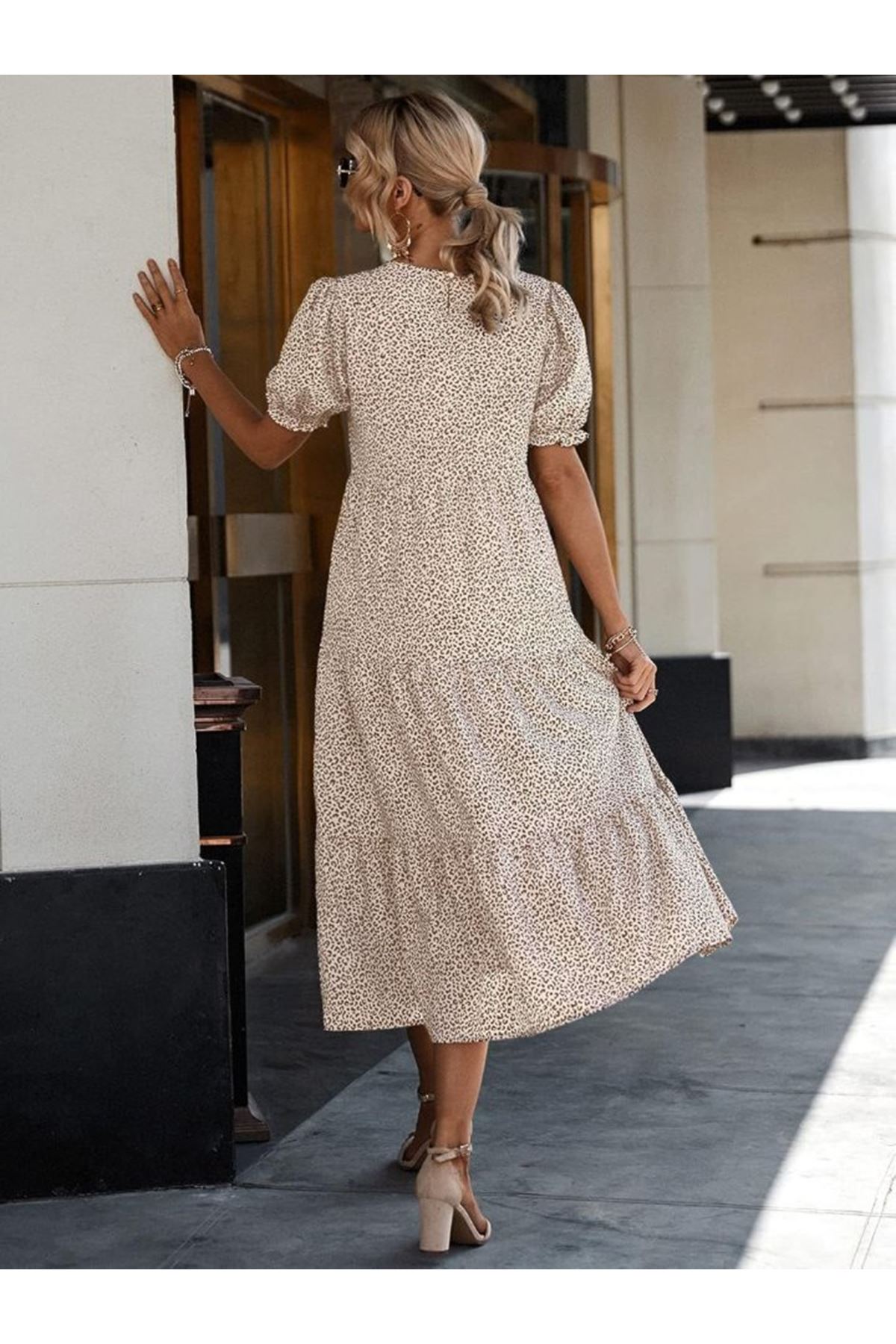 Kadın Mini Leopar Desen Midi üç Kat Elbise