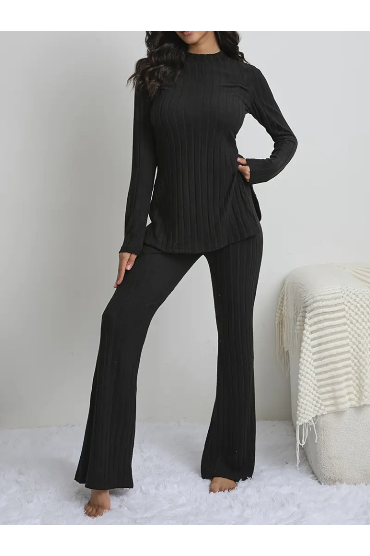 Kadın Uzun Kollu Yuvarlak Yaka Yandan Yırtmaç Detaylı şardonlu Kaşkorse Bluz Ve Pantolon Ikili Takım